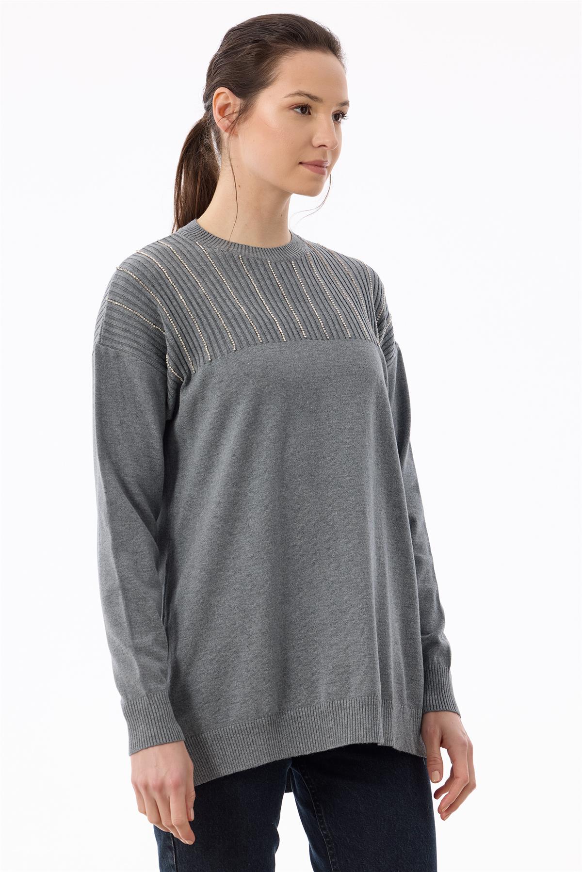 Taş Detaylı Triko Tunik GRİ