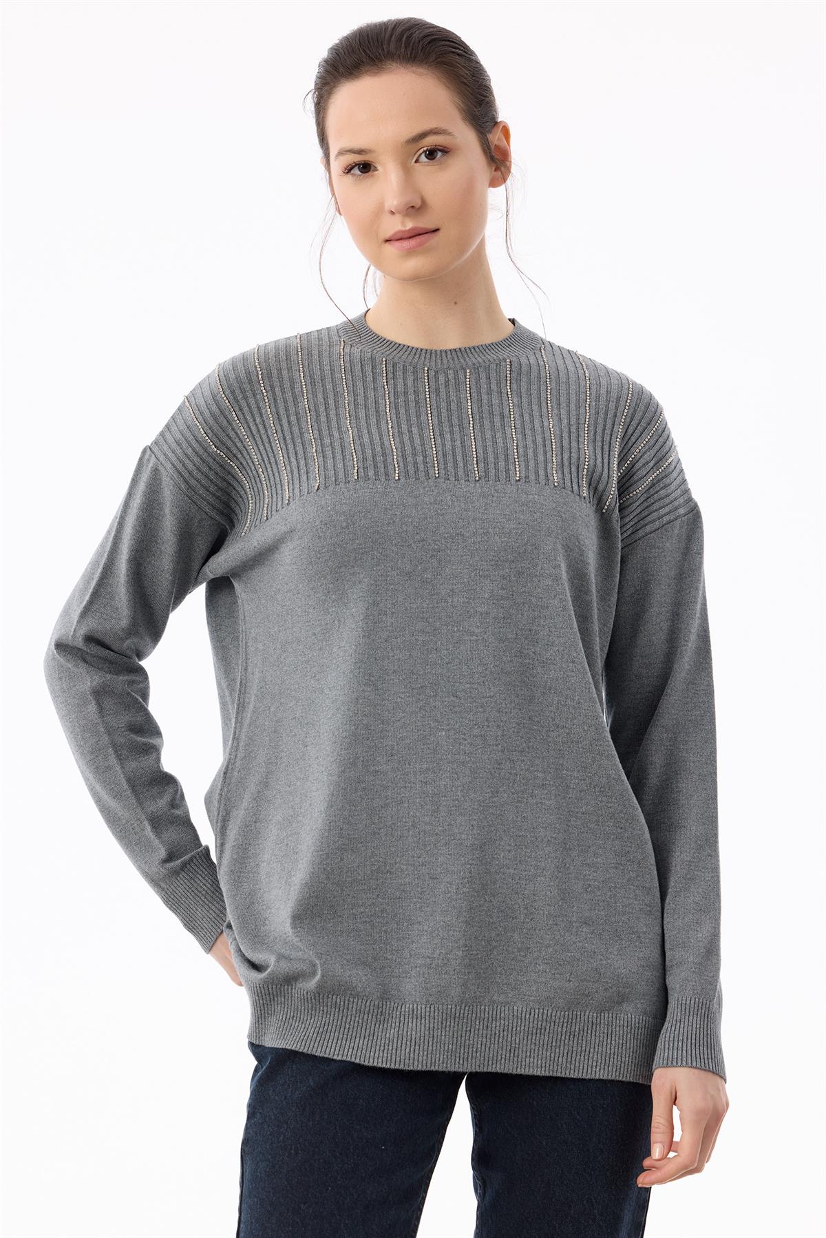 Taş Detaylı Triko Tunik GRİ