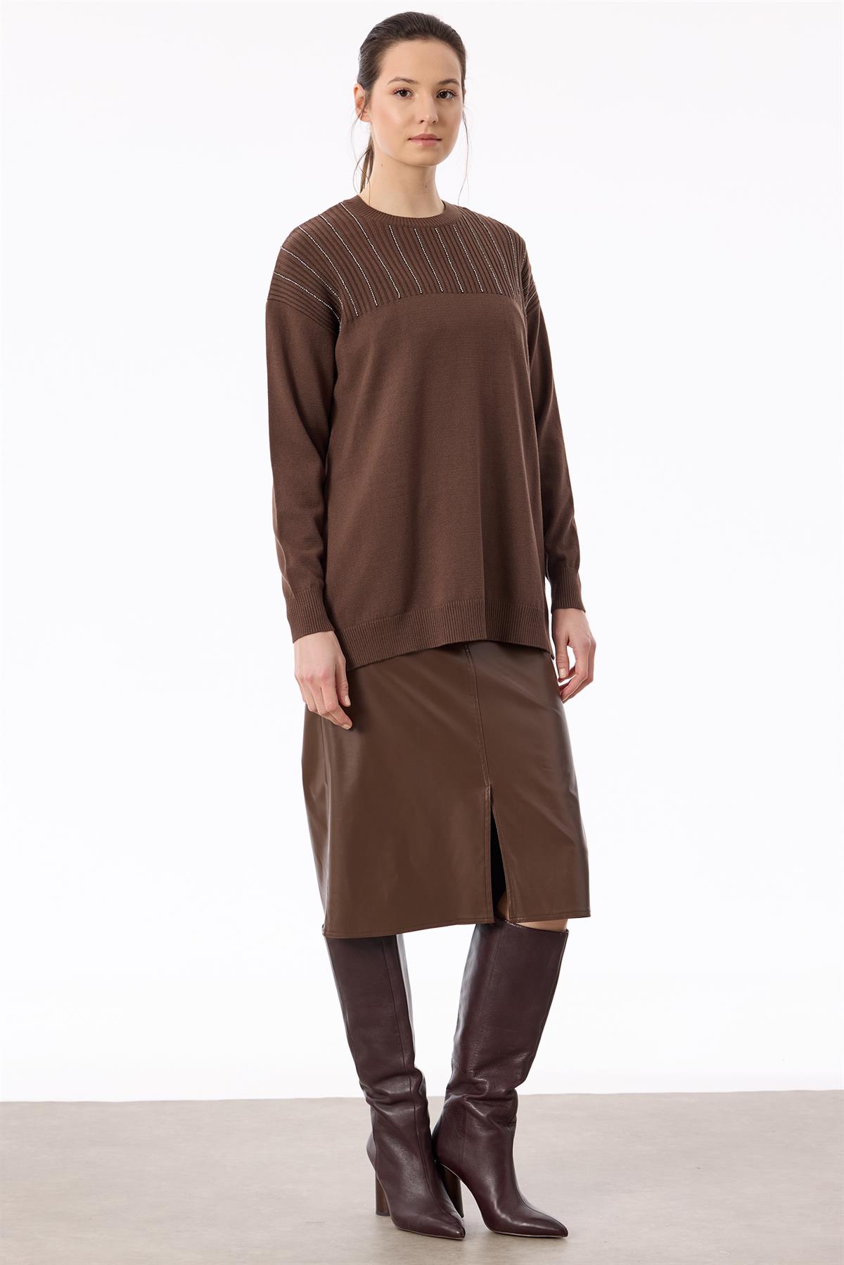 Taş Detaylı Triko Tunik KAHVE