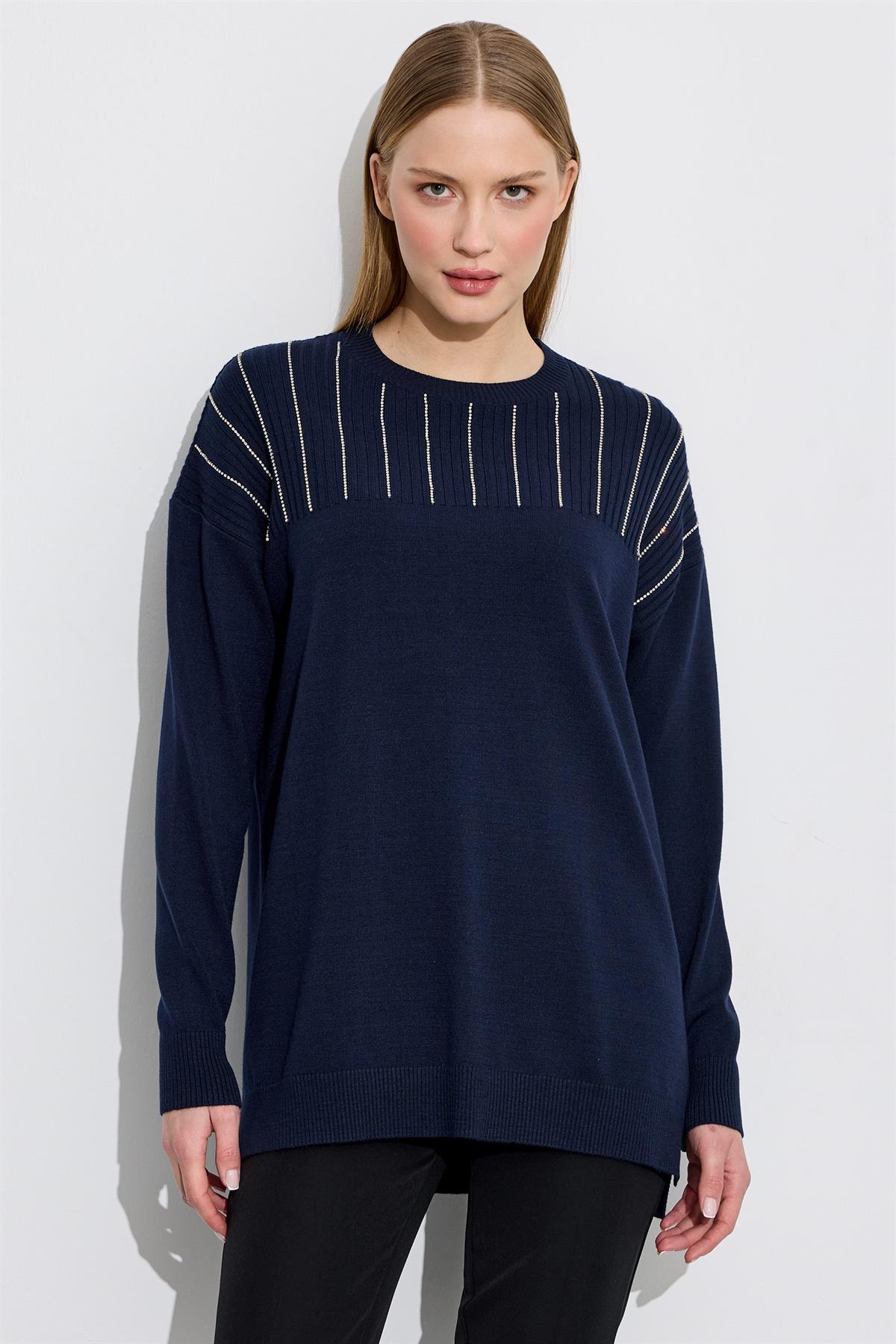 Taş Detaylı Triko Tunik LACİVERT