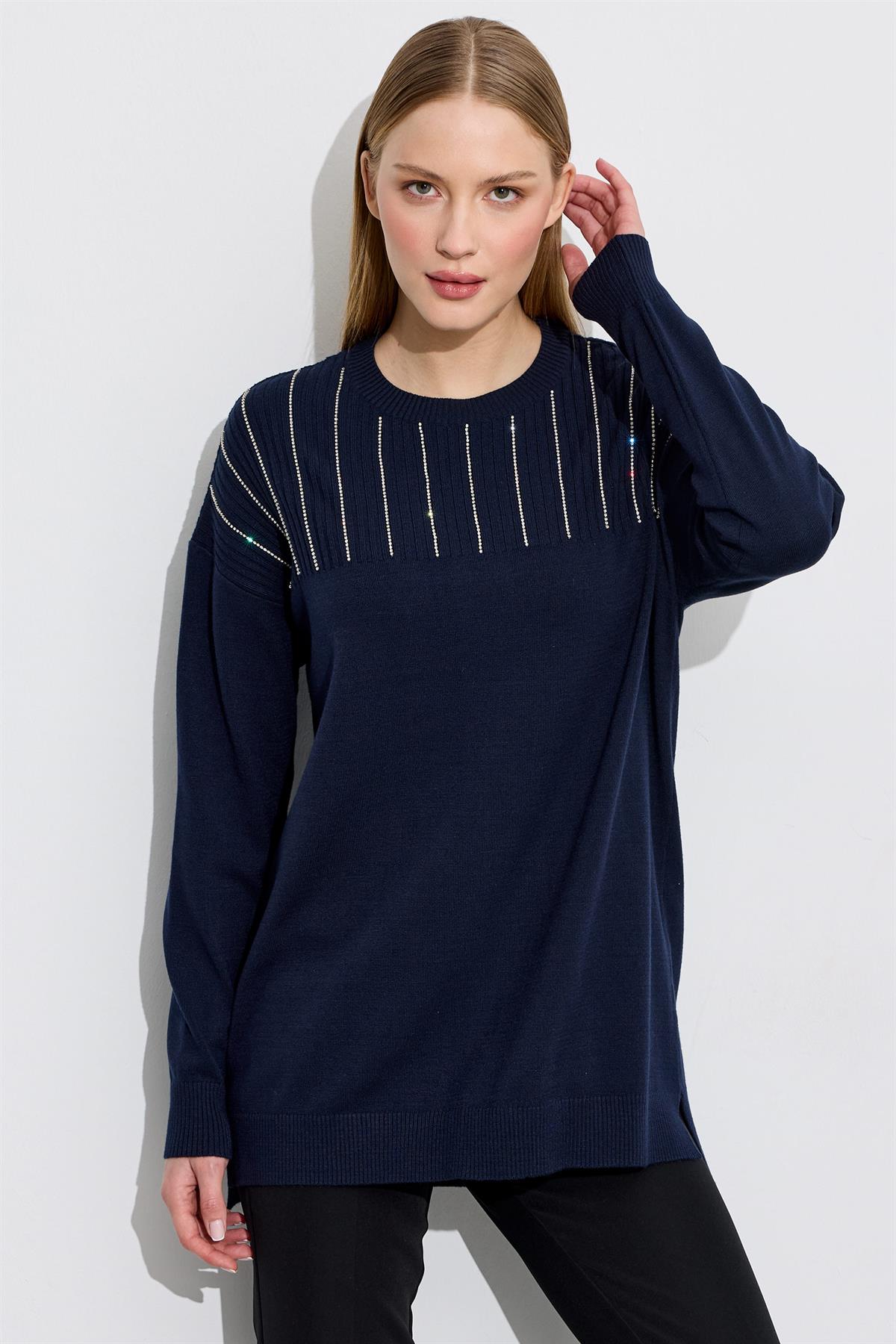 Taş Detaylı Triko Tunik LACİVERT