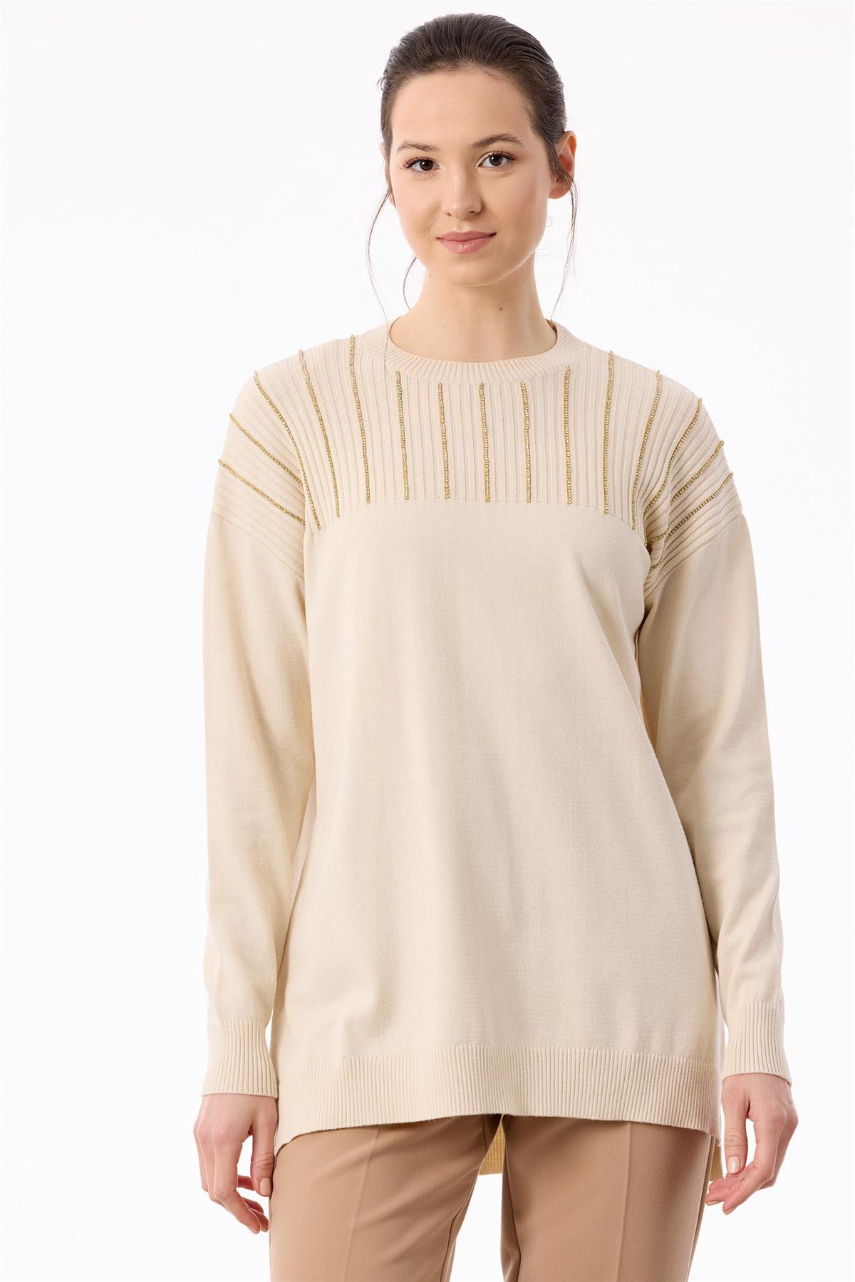 Taş Detaylı Triko Tunik VANİLYA