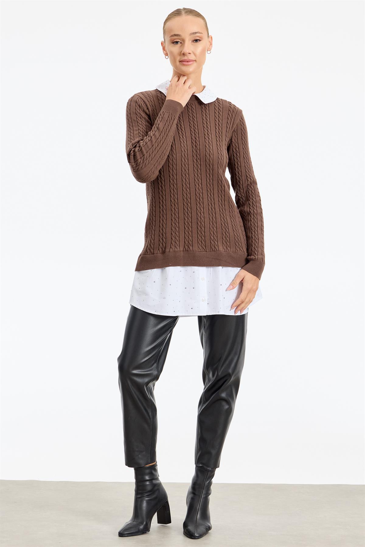 Taş Gömlek Detaylı Tunik KAHVE