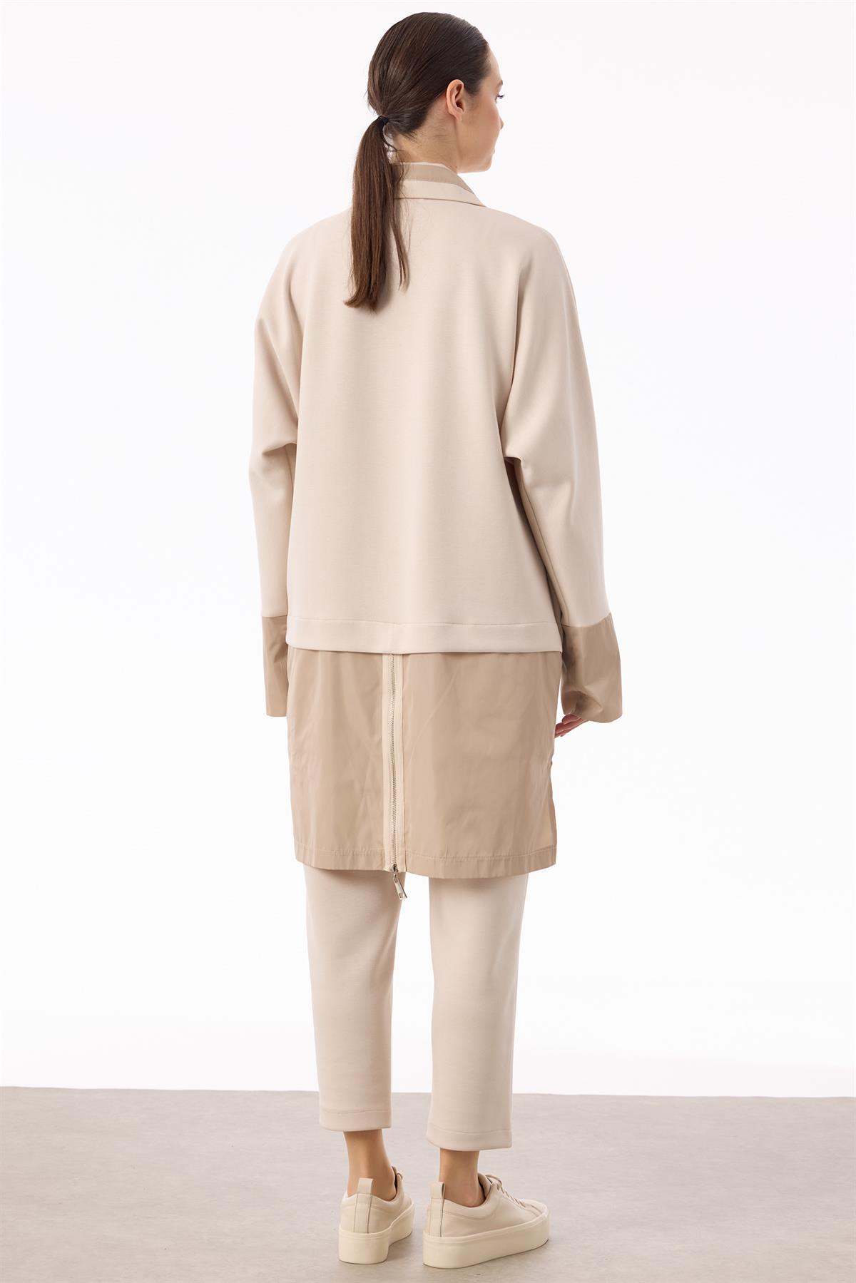 Teknik Kumaş Detaylı Önden Çıtçıtlı Takım BEJ