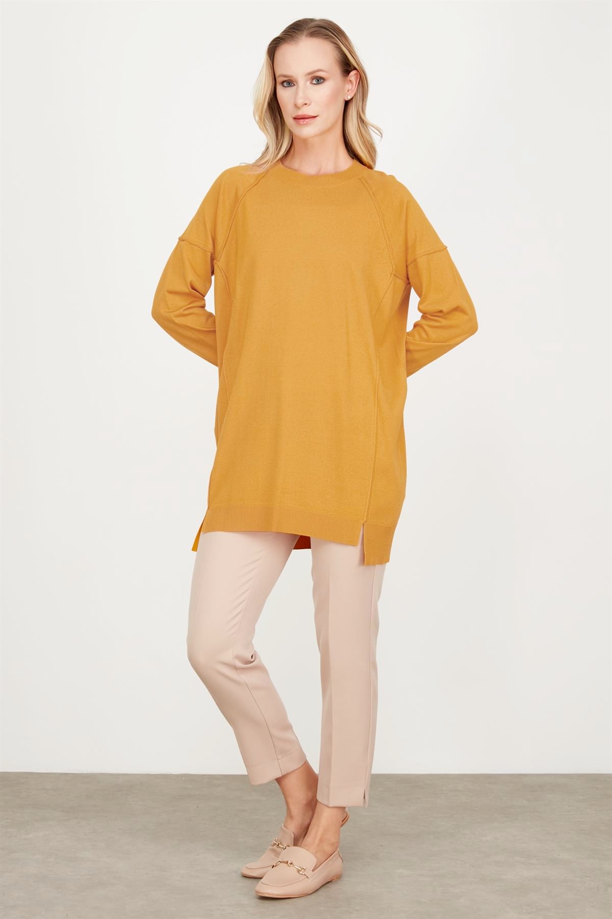 TERS DİKİŞ DETAYLI BASİC TRİKO TUNİK SAFRAN