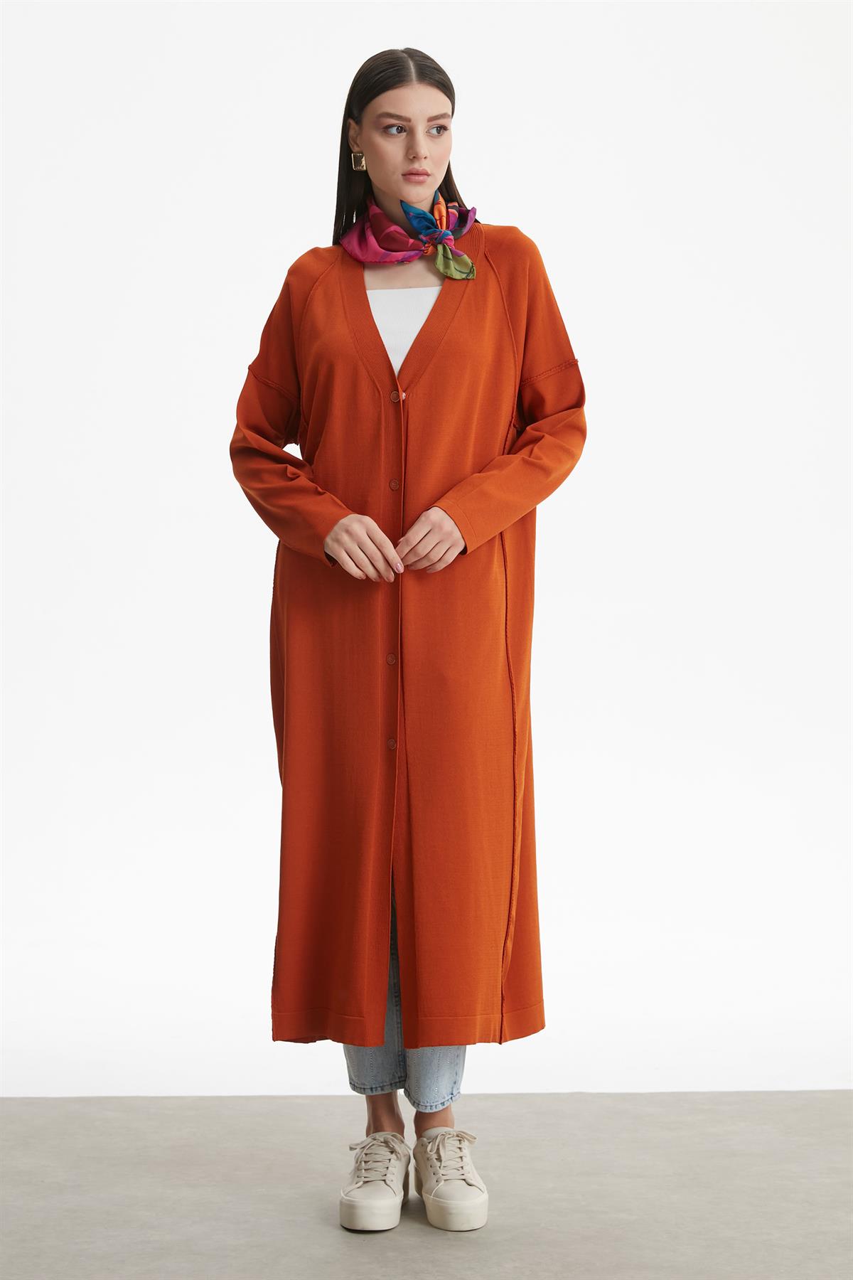 TERS  DİKİŞ DETAYLI RAYON HIRKA ORANJ
