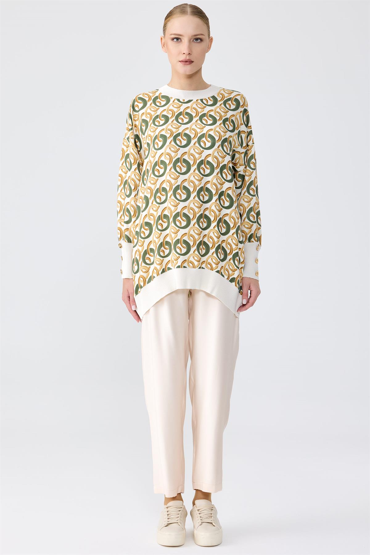 Triko Ribanalı Manşetleri Düğme Detaylı Tunik Pantolon Takim BEJ