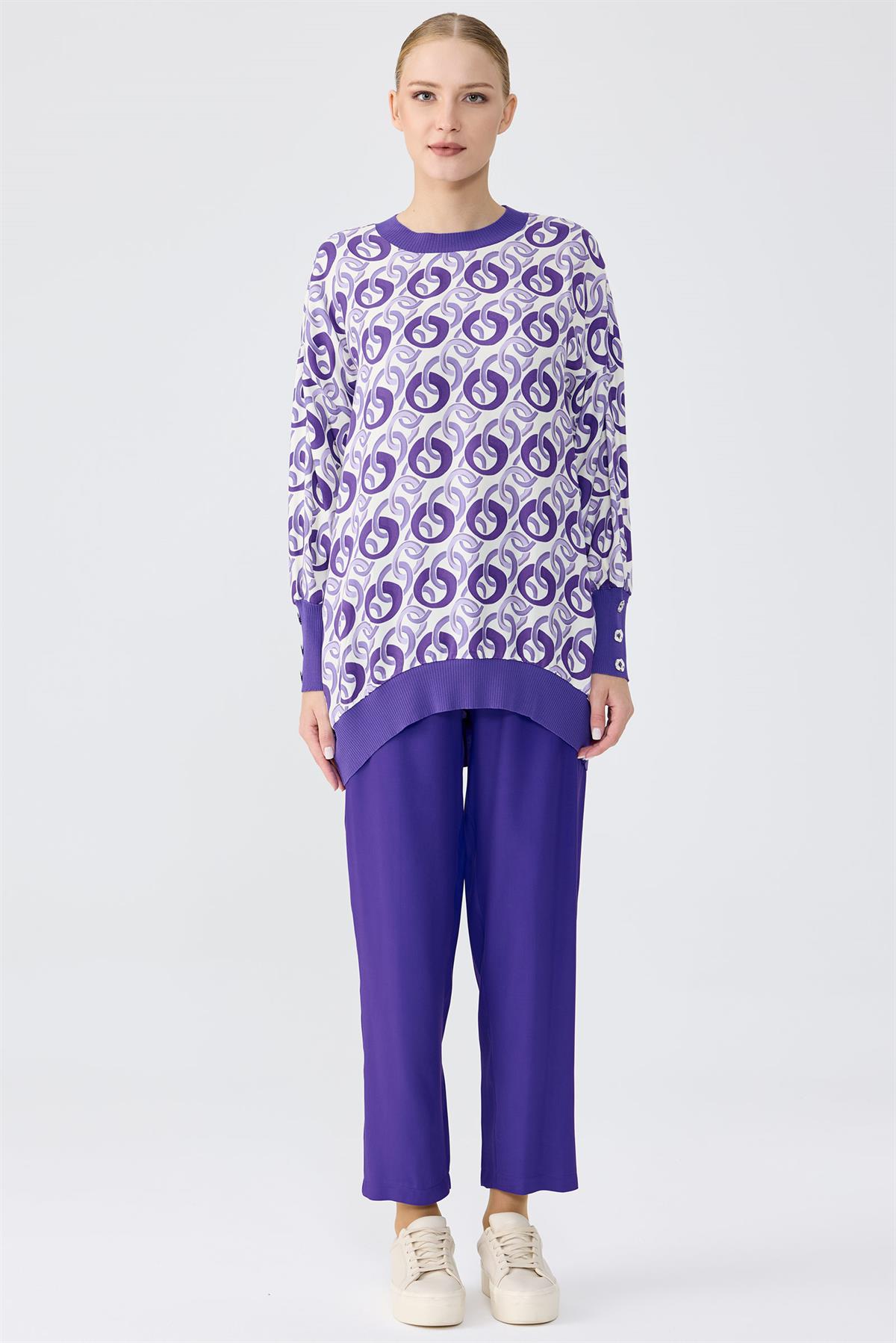 Triko Ribanalı Manşetleri Düğme Detaylı Tunik Pantolon Takim MOR