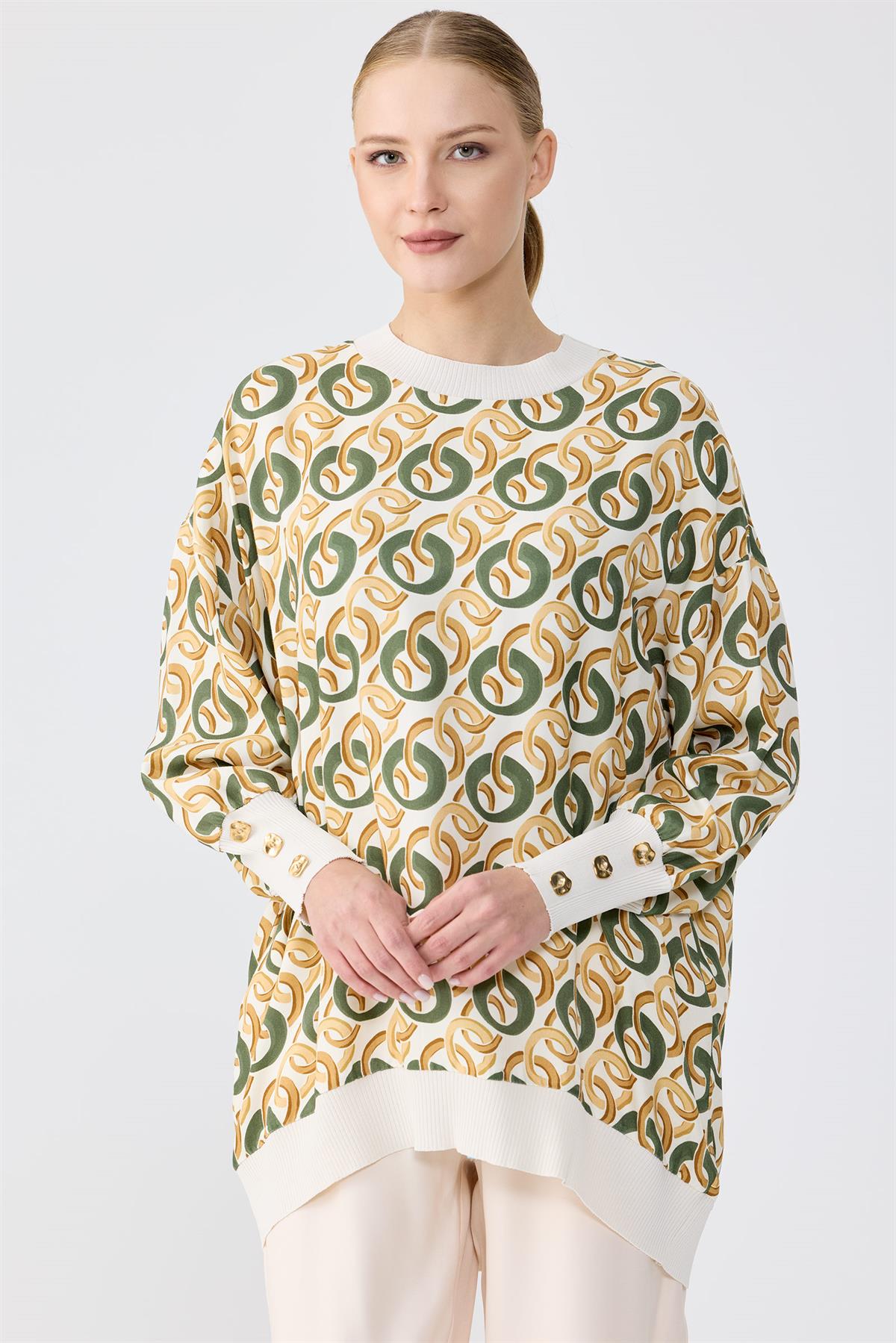 Triko Ribanalı Manşetleri Düğme Detaylı Tunik Pantolon Takim BEJ