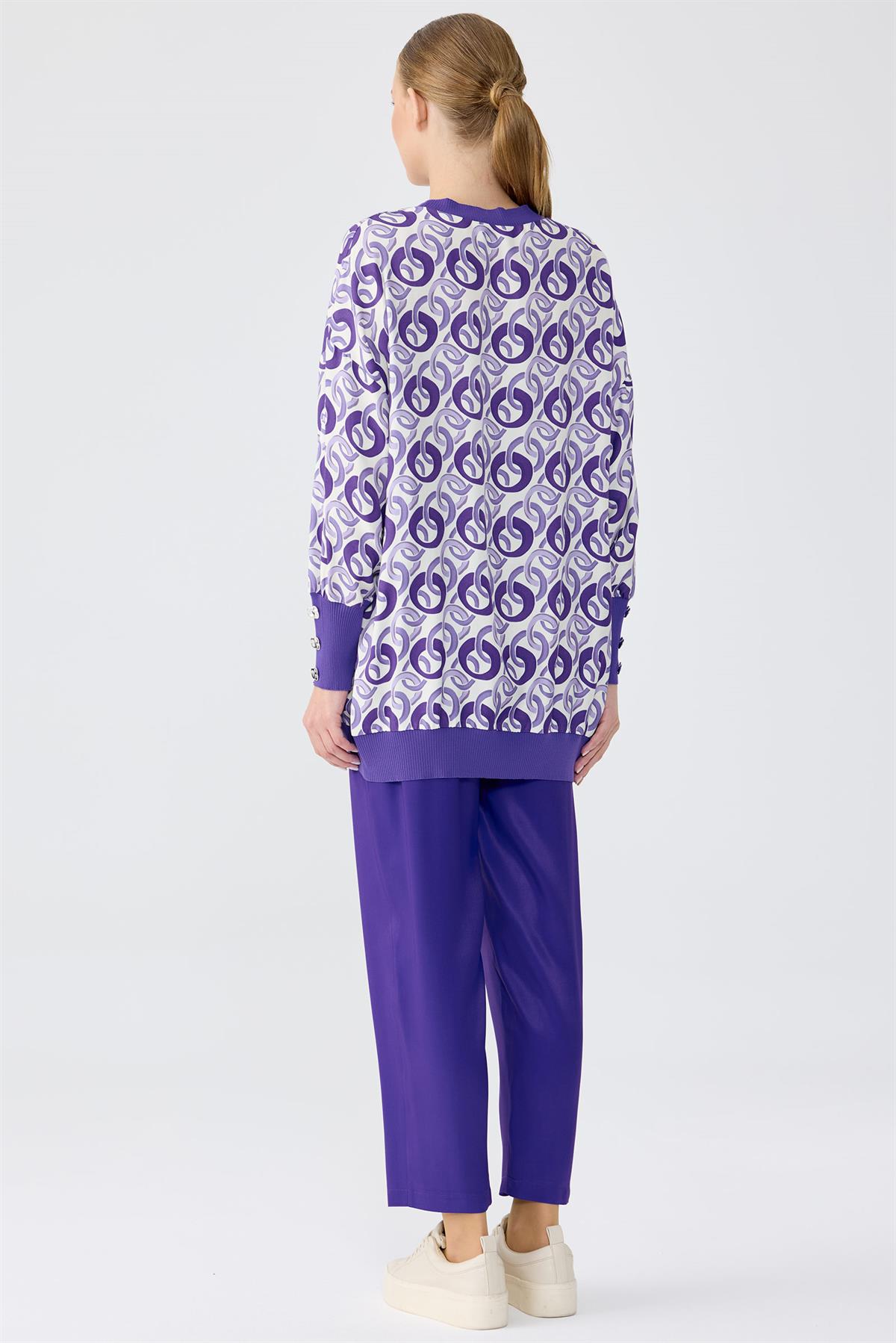 Triko Ribanalı Manşetleri Düğme Detaylı Tunik Pantolon Takim MOR