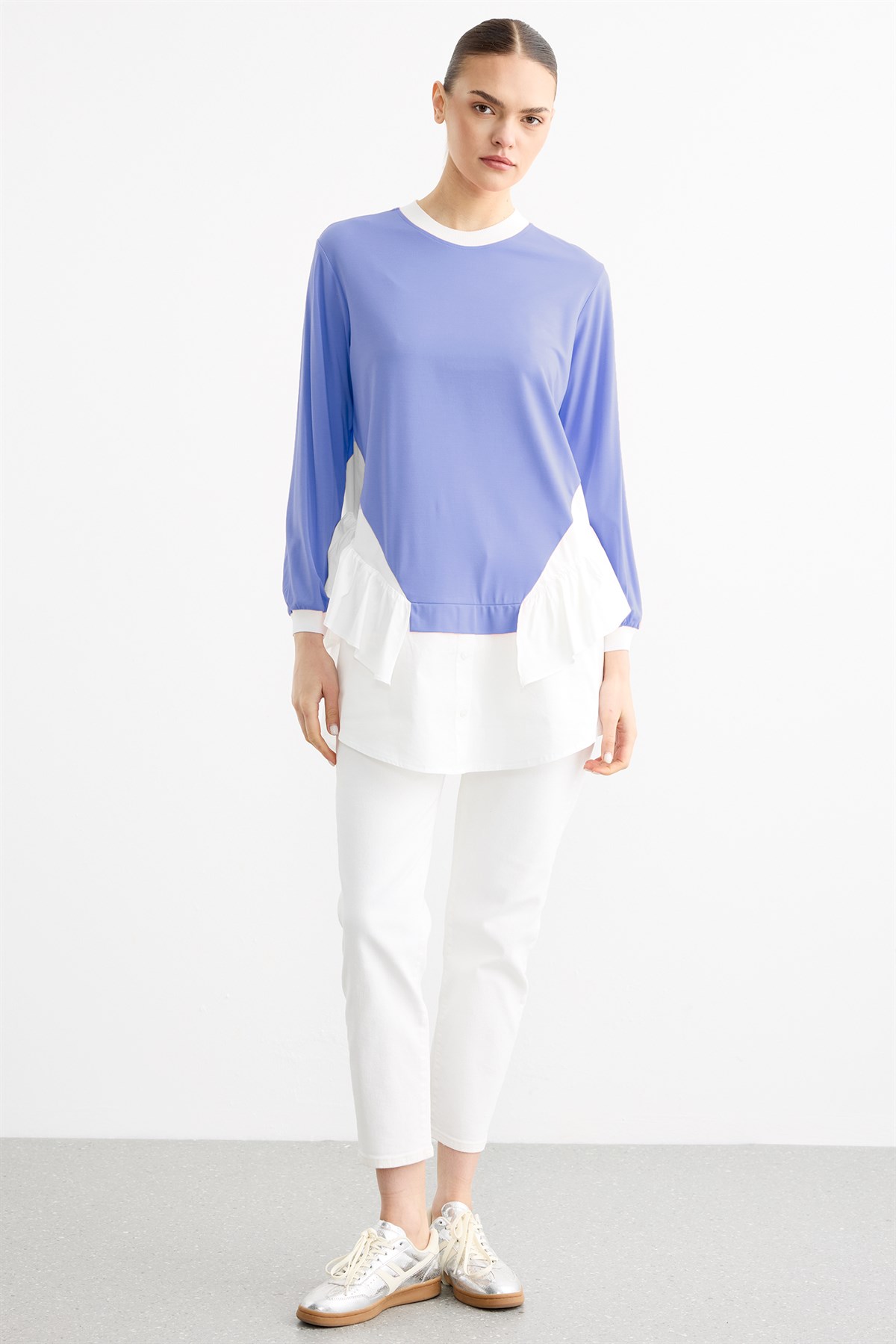 Poplin Mixli Volanlı Tunik MAVİ