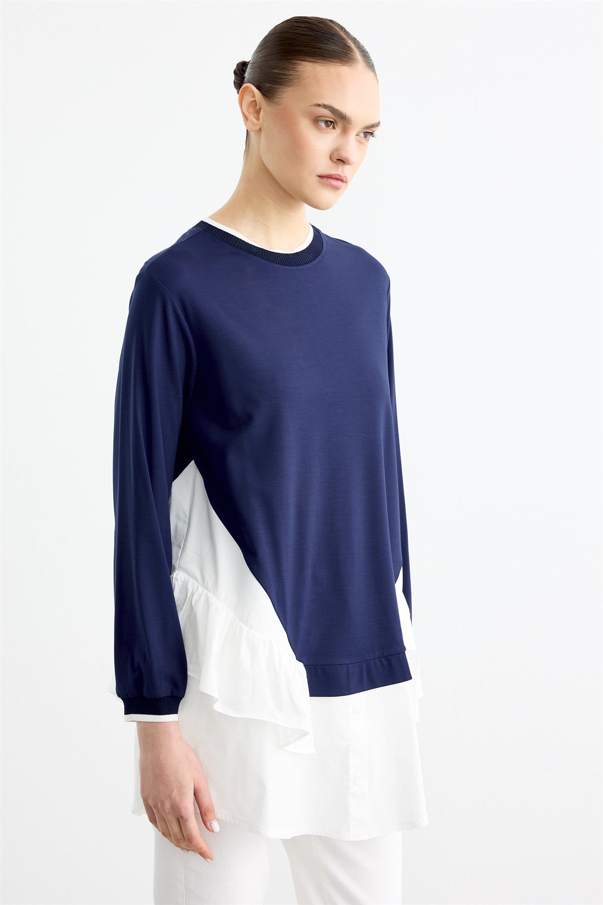 Poplin Mixli Volanlı Tunik LACİVERT