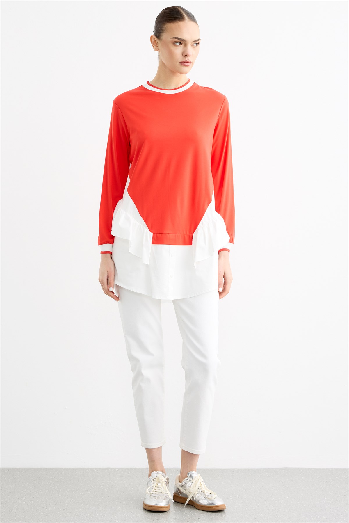 Poplin Mixli Volanlı Tunik MERCAN