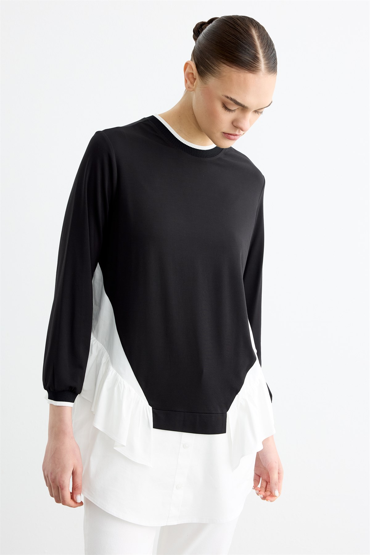 Poplin Mixli Volanlı Tunik SİYAH