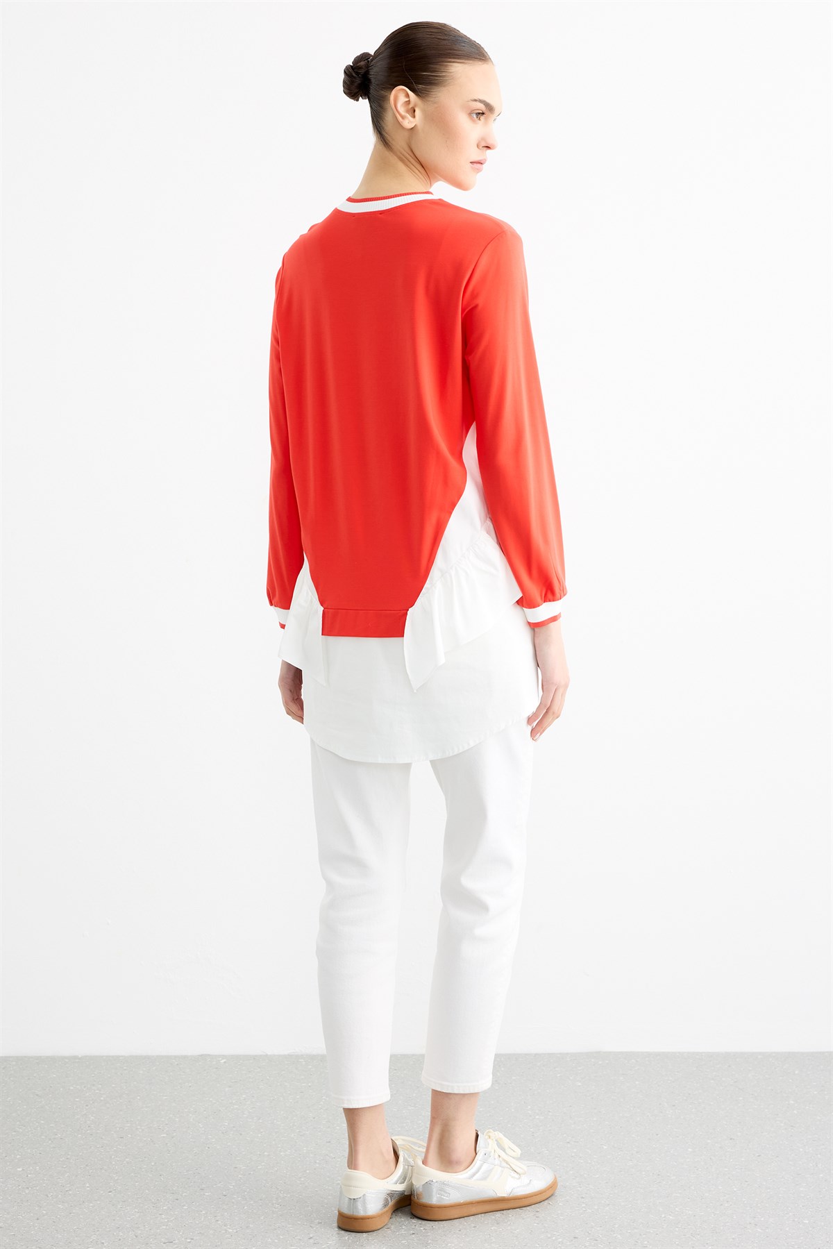 Poplin Mixli Volanlı Tunik MERCAN