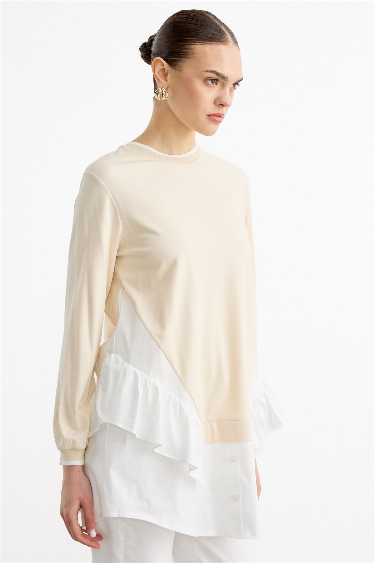 Poplin Mixli Volanlı Tunik BEJ