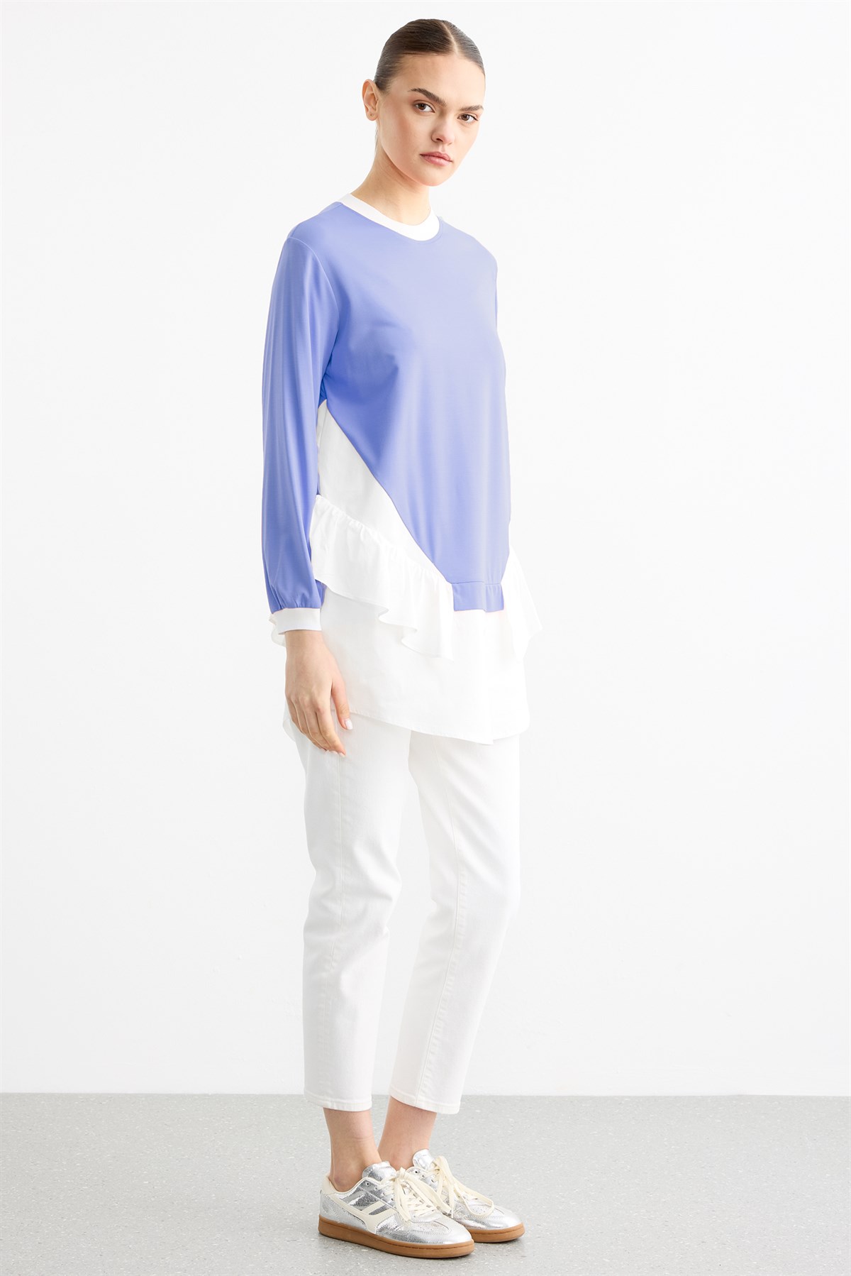 Poplin Mixli Volanlı Tunik MAVİ