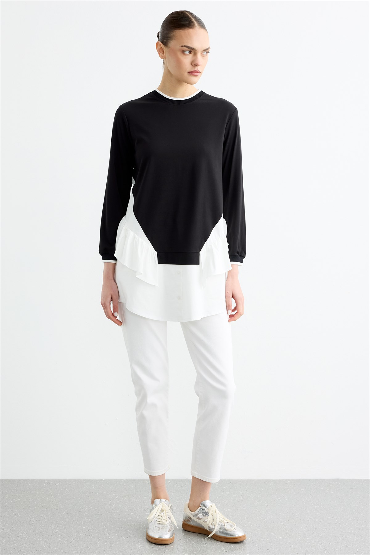 Poplin Mixli Volanlı Tunik SİYAH