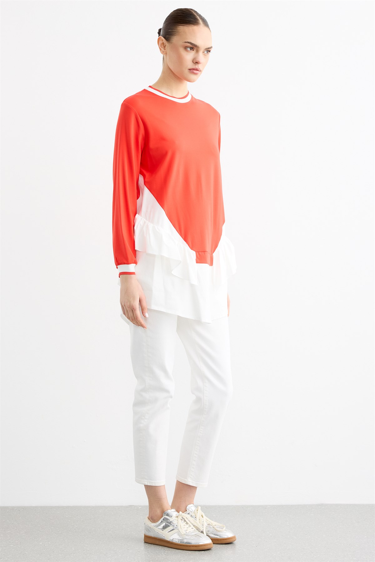 Poplin Mixli Volanlı Tunik MERCAN