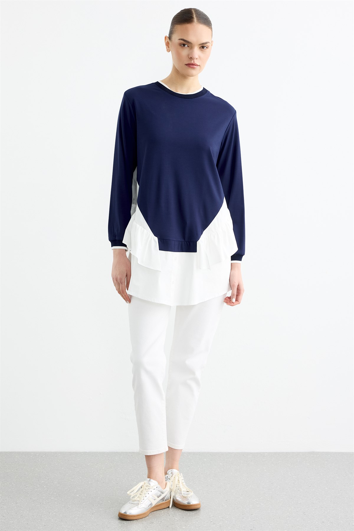 Poplin Mixli Volanlı Tunik LACİVERT