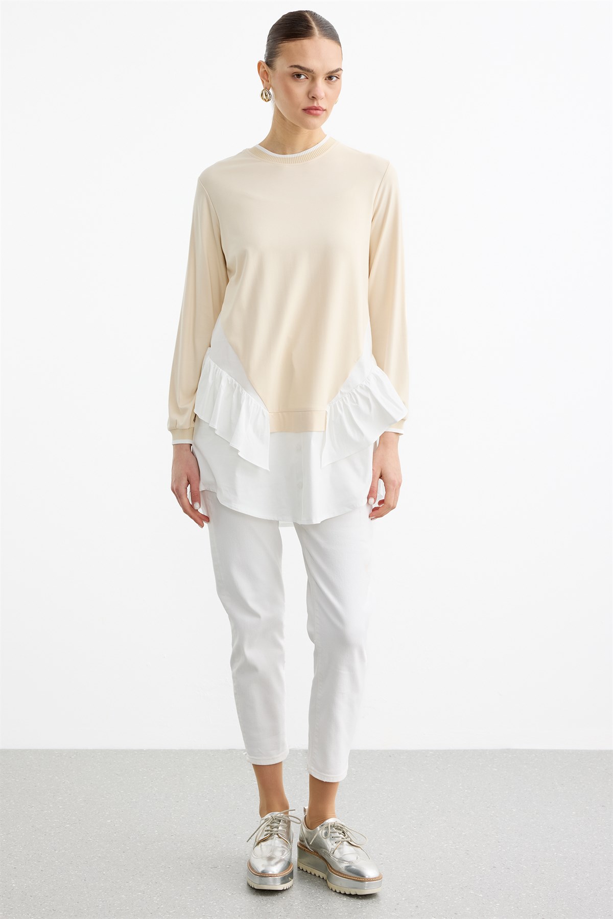 Poplin Mixli Volanlı Tunik BEJ
