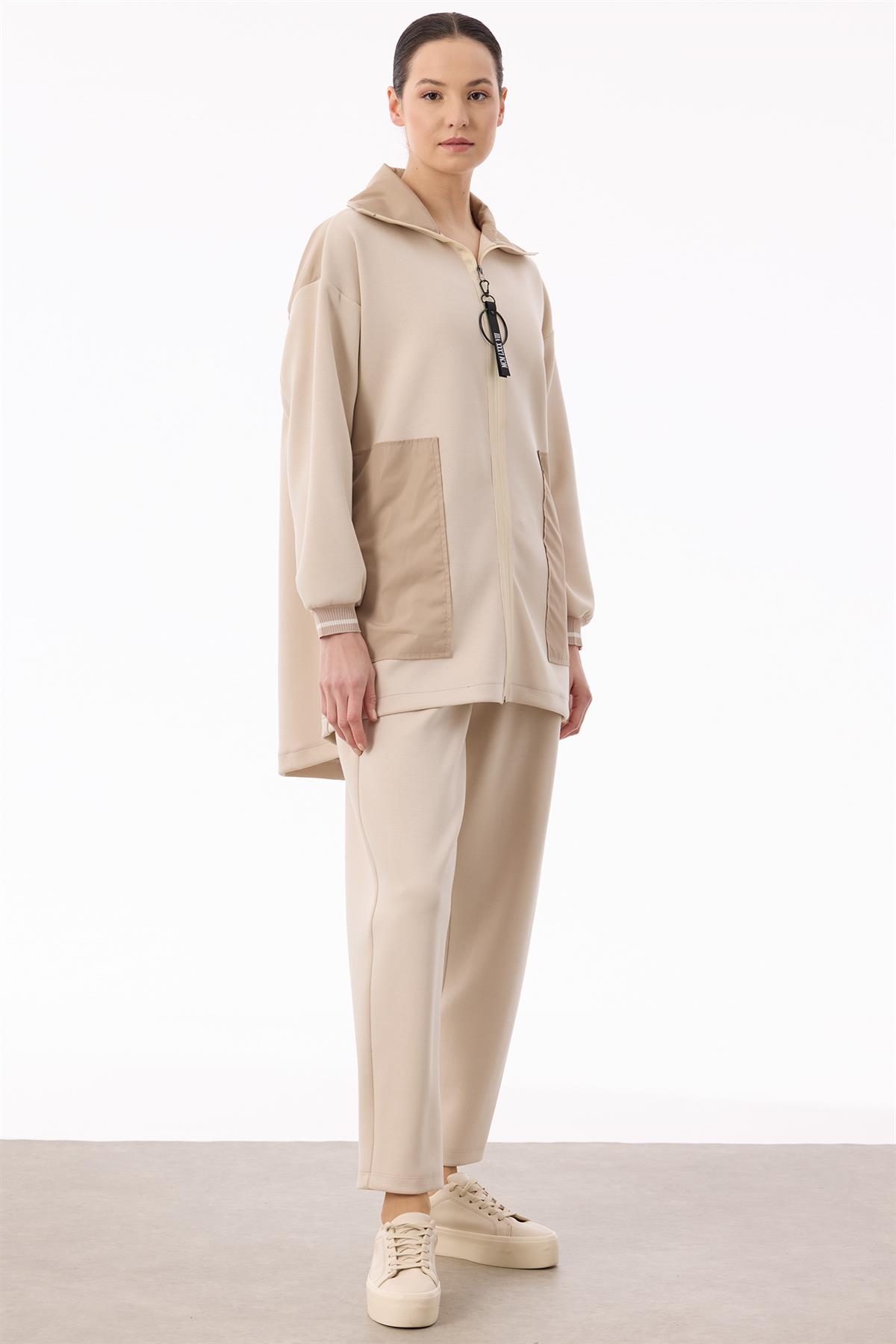 Triko Ve Teknik Kumaş Detaylı Takım BEJ