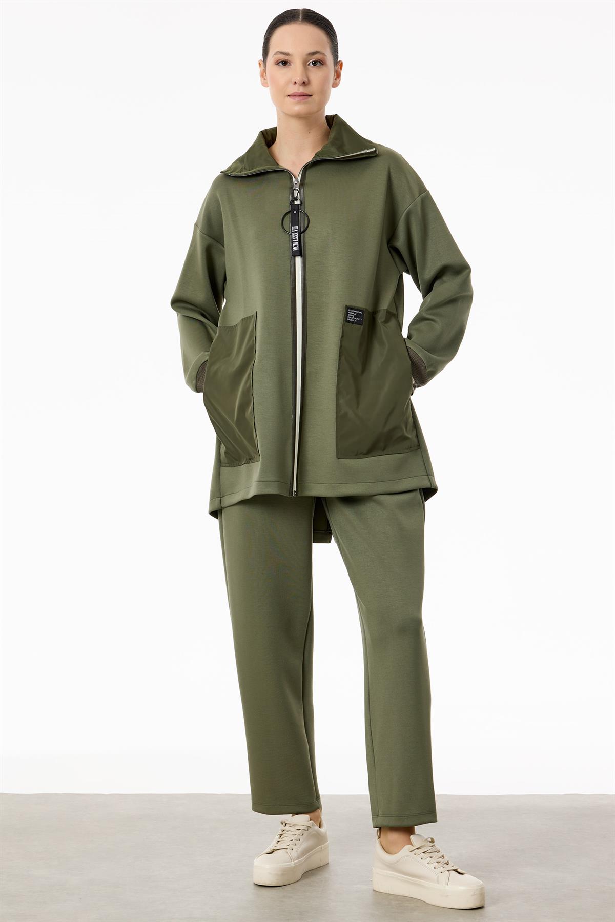 Triko Ve Teknik Kumaş Detaylı Takım HAKİ