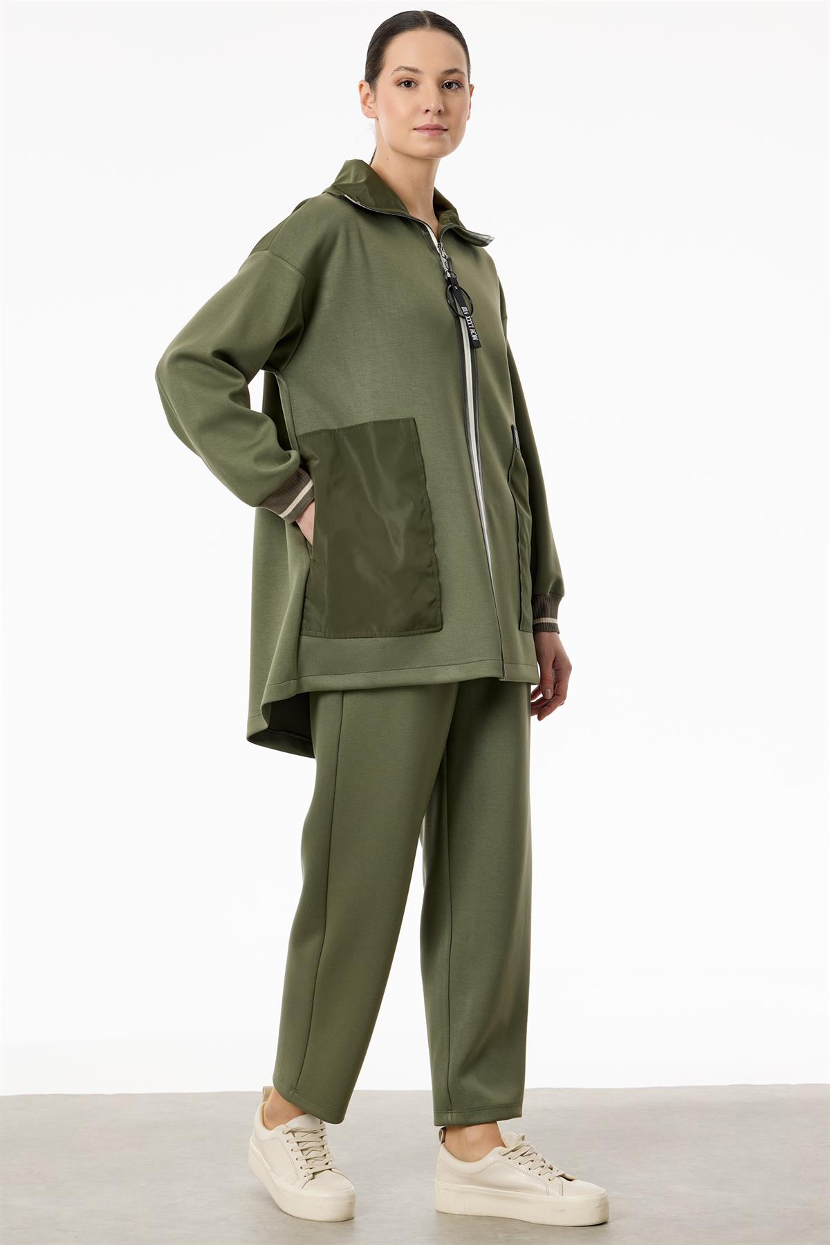 Triko Ve Teknik Kumaş Detaylı Takım HAKİ