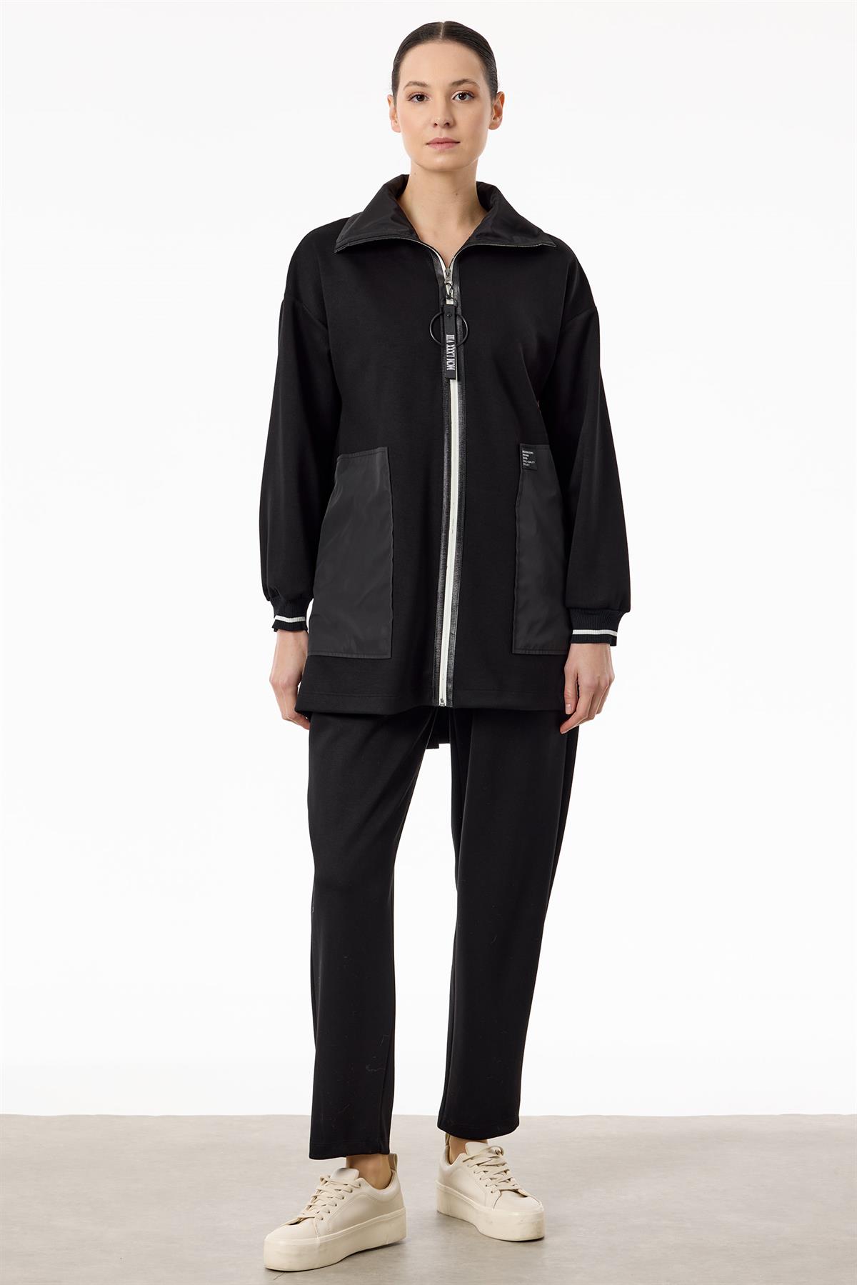 Triko Ve Teknik Kumaş Detaylı Takım SİYAH