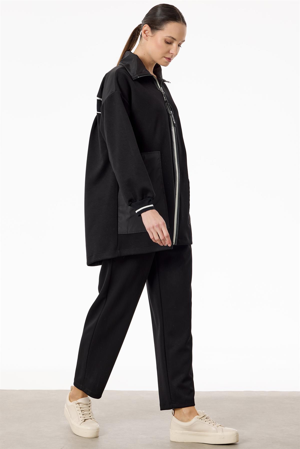 Triko Ve Teknik Kumaş Detaylı Takım SİYAH