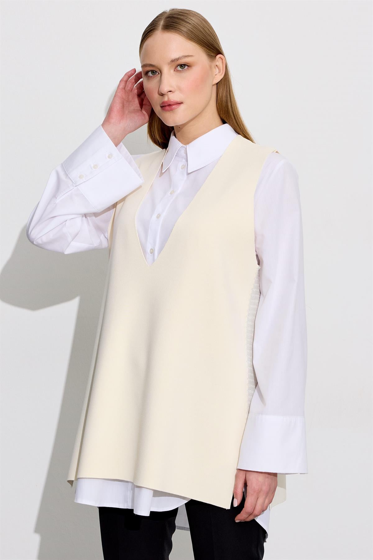 V Yaka Rayon Süveter VANİLLA