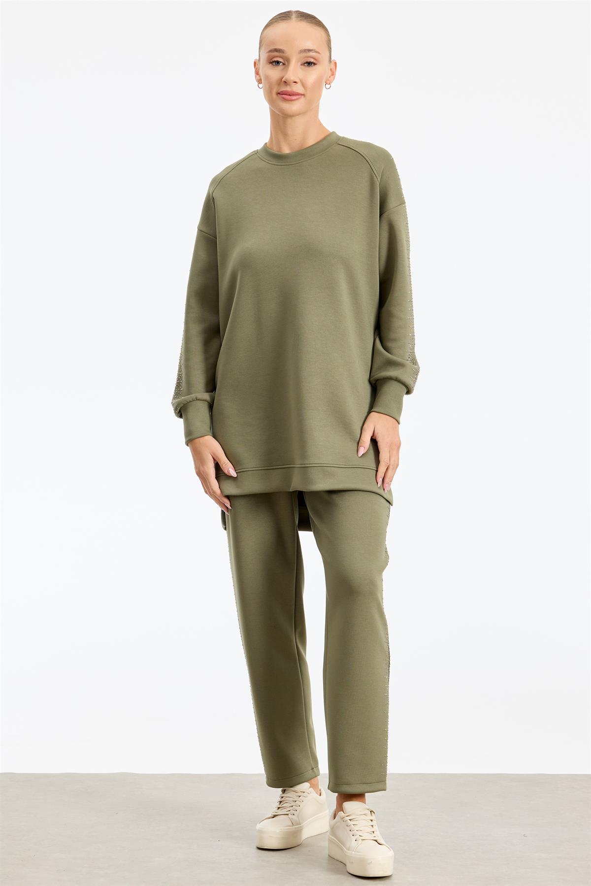 Yanı Serpme Taş Baskılı Pantolon Tunik Takım HAKİ