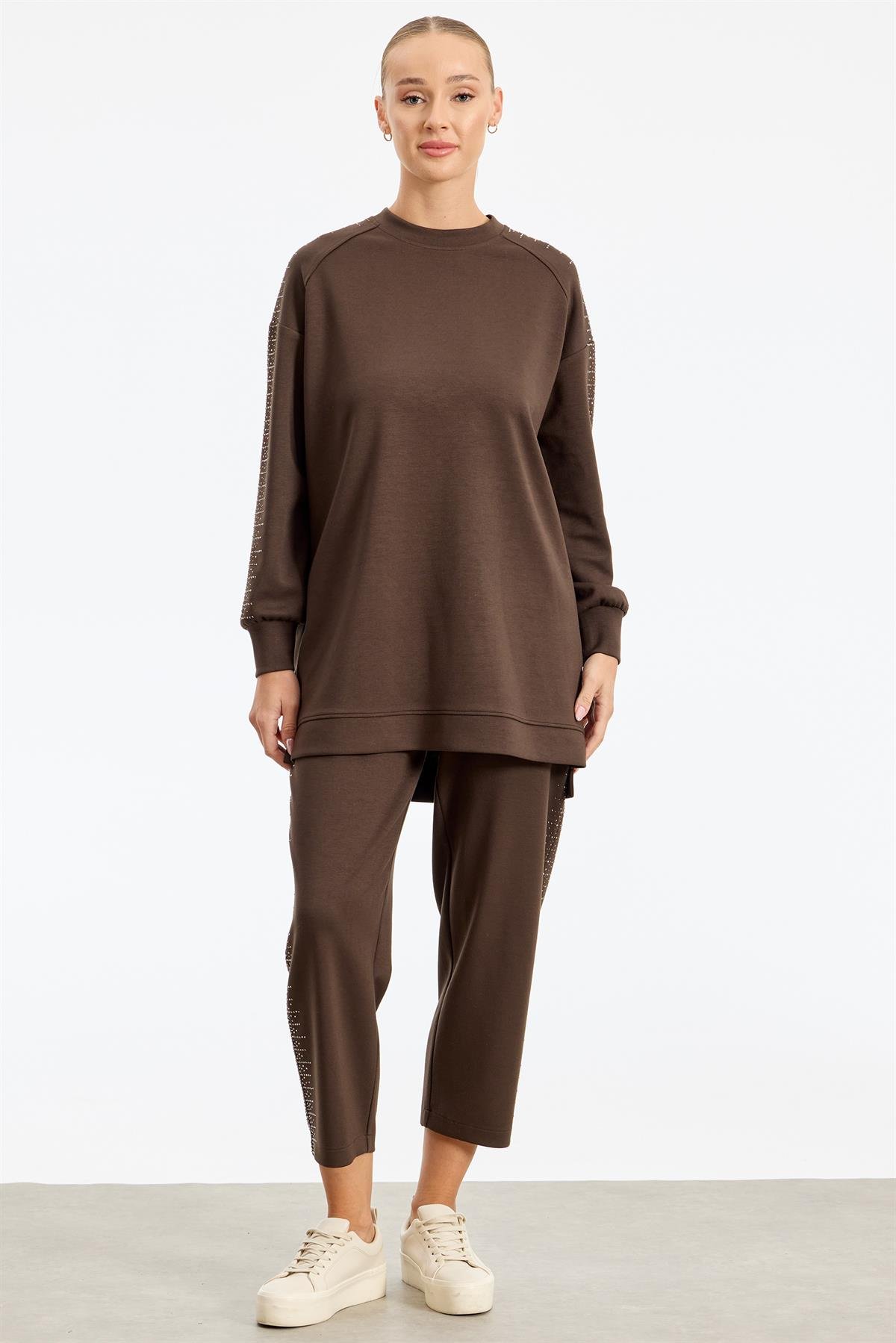 Yanı Serpme Taş Baskılı Pantolon Tunik Takım KAHVE