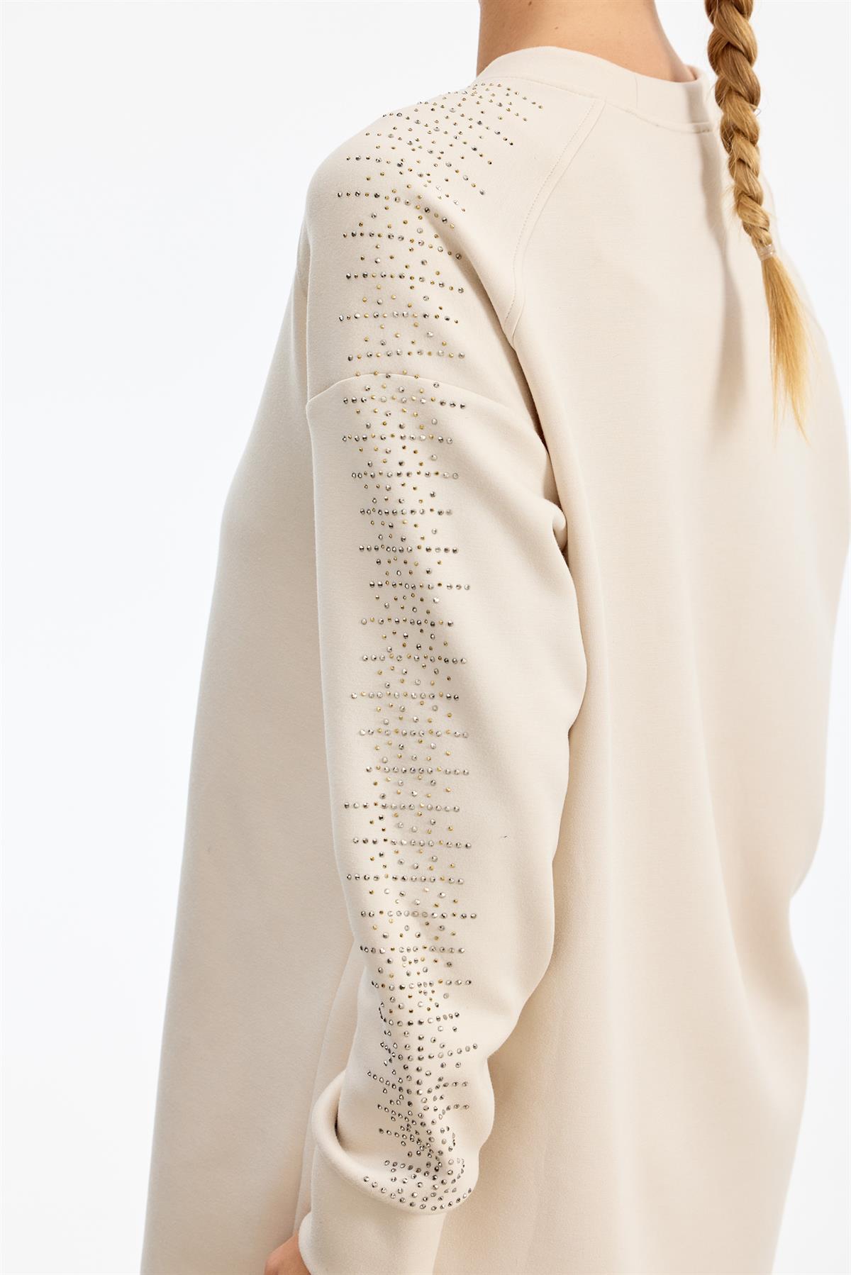 Yanı Serpme Taş Baskılı Pantolon Tunik Takım BEJ