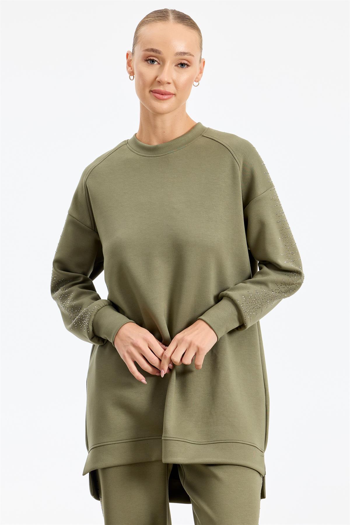 Yanı Serpme Taş Baskılı Pantolon Tunik Takım HAKİ