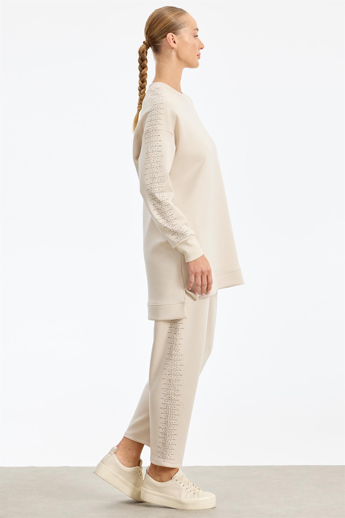 Yanı Serpme Taş Baskılı Pantolon Tunik Takım BEJ