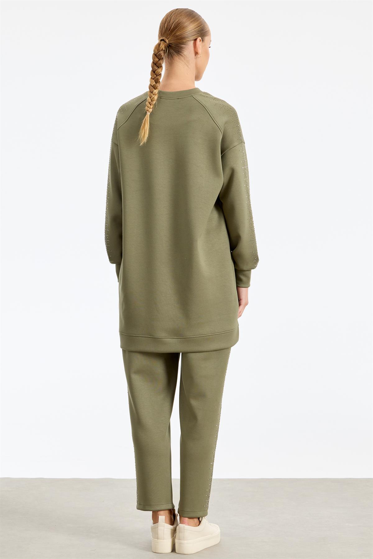 Yanı Serpme Taş Baskılı Pantolon Tunik Takım HAKİ