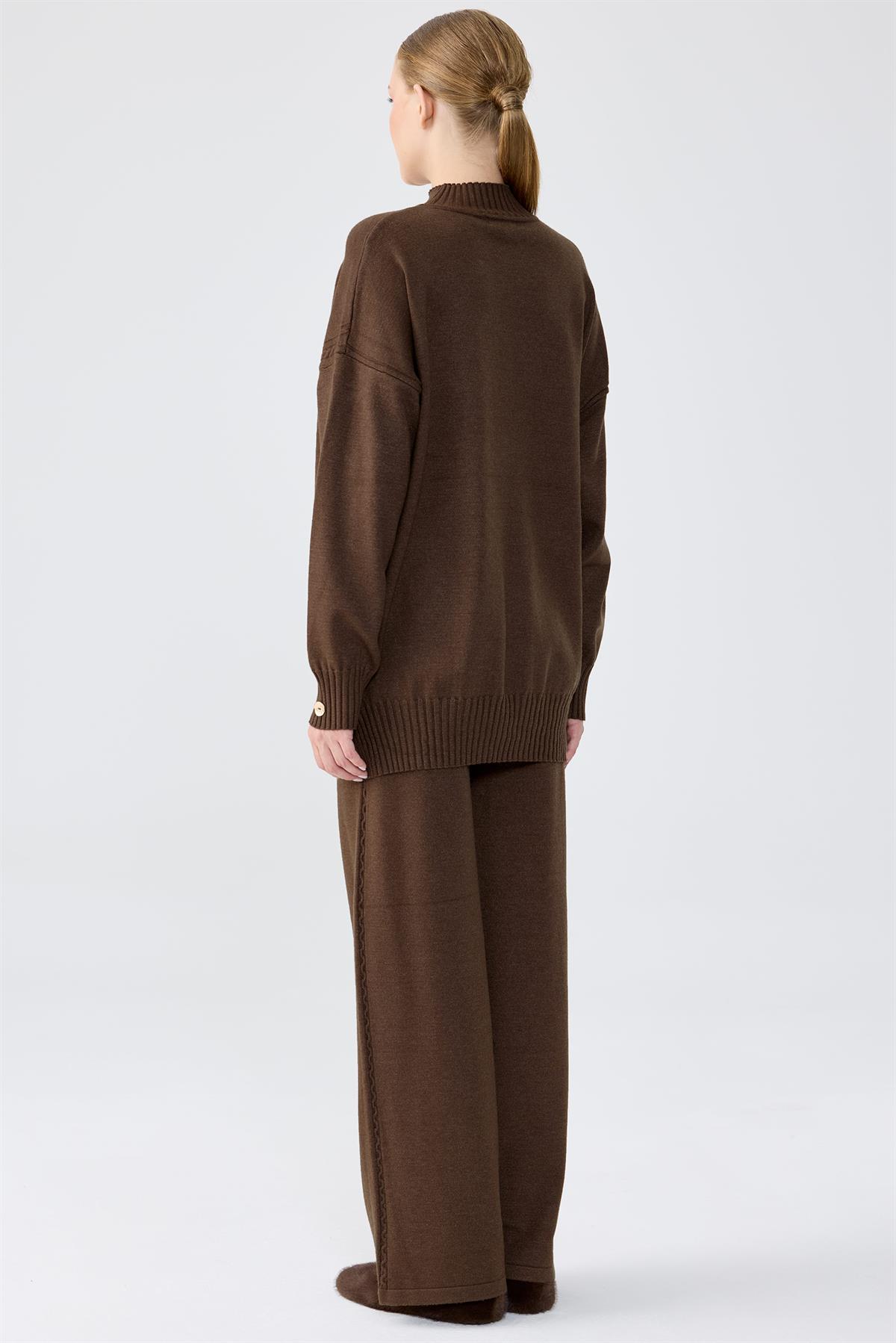 Yanları Düğmeli Tunik Pantolon Takım KAHVE