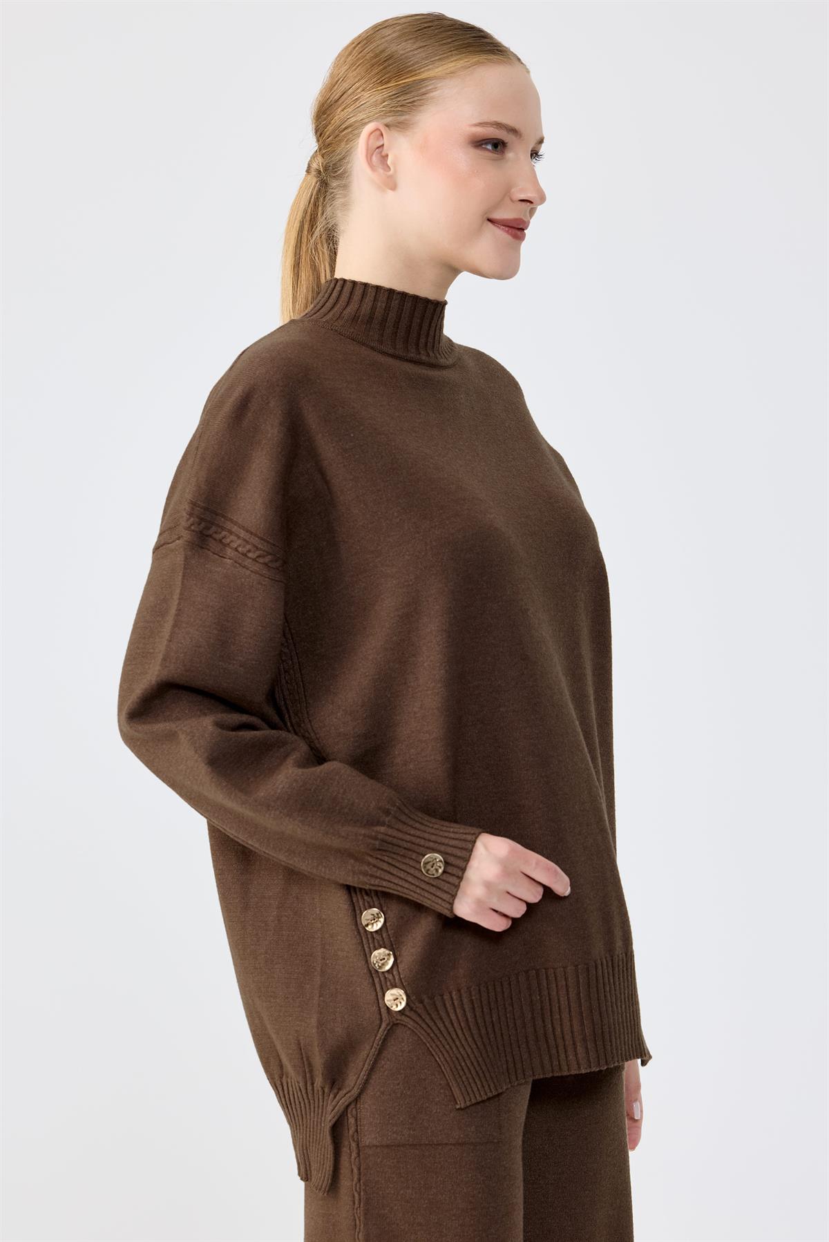 Yanları Düğmeli Tunik Pantolon Takım KAHVE