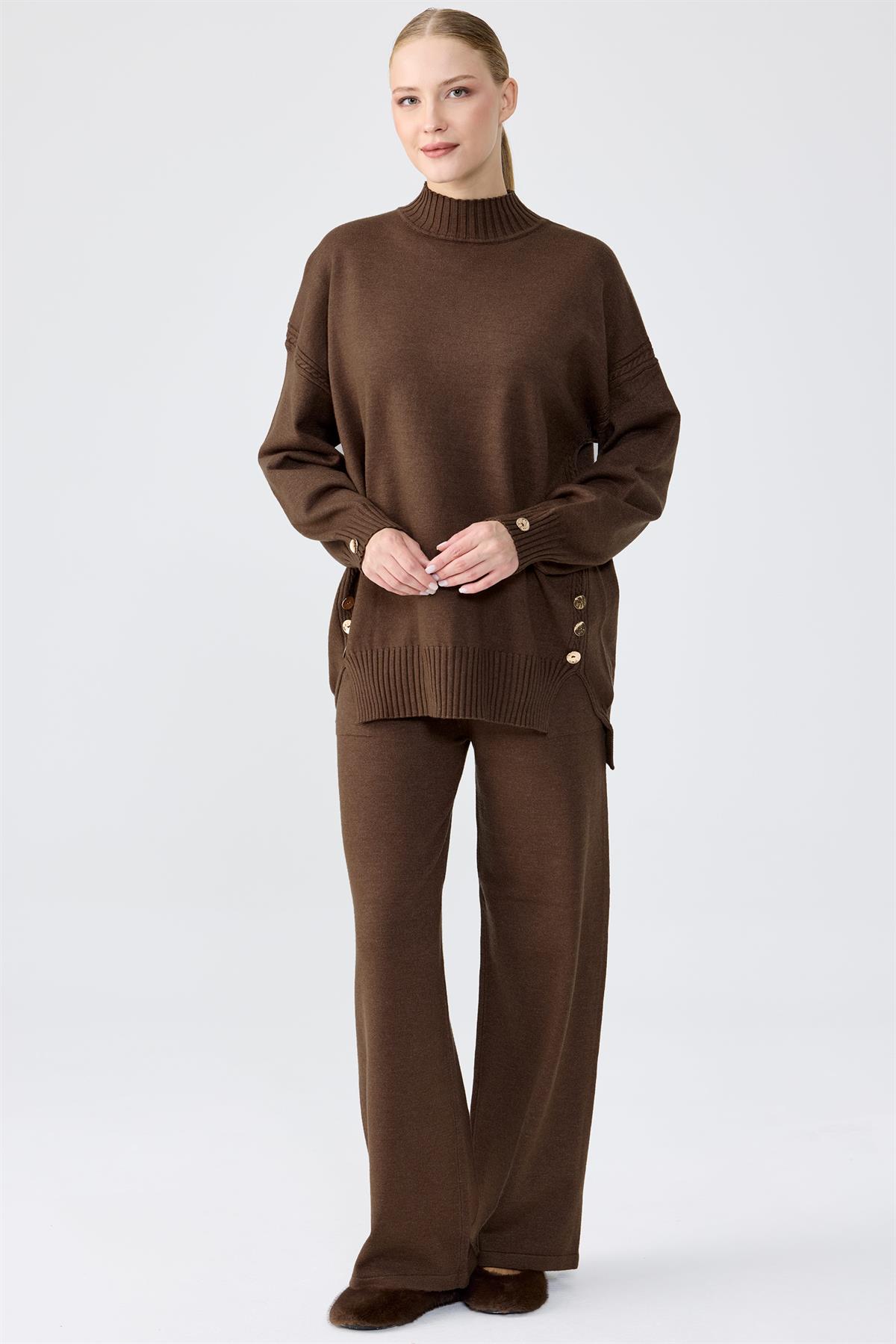 Yanları Düğmeli Tunik Pantolon Takım KAHVE