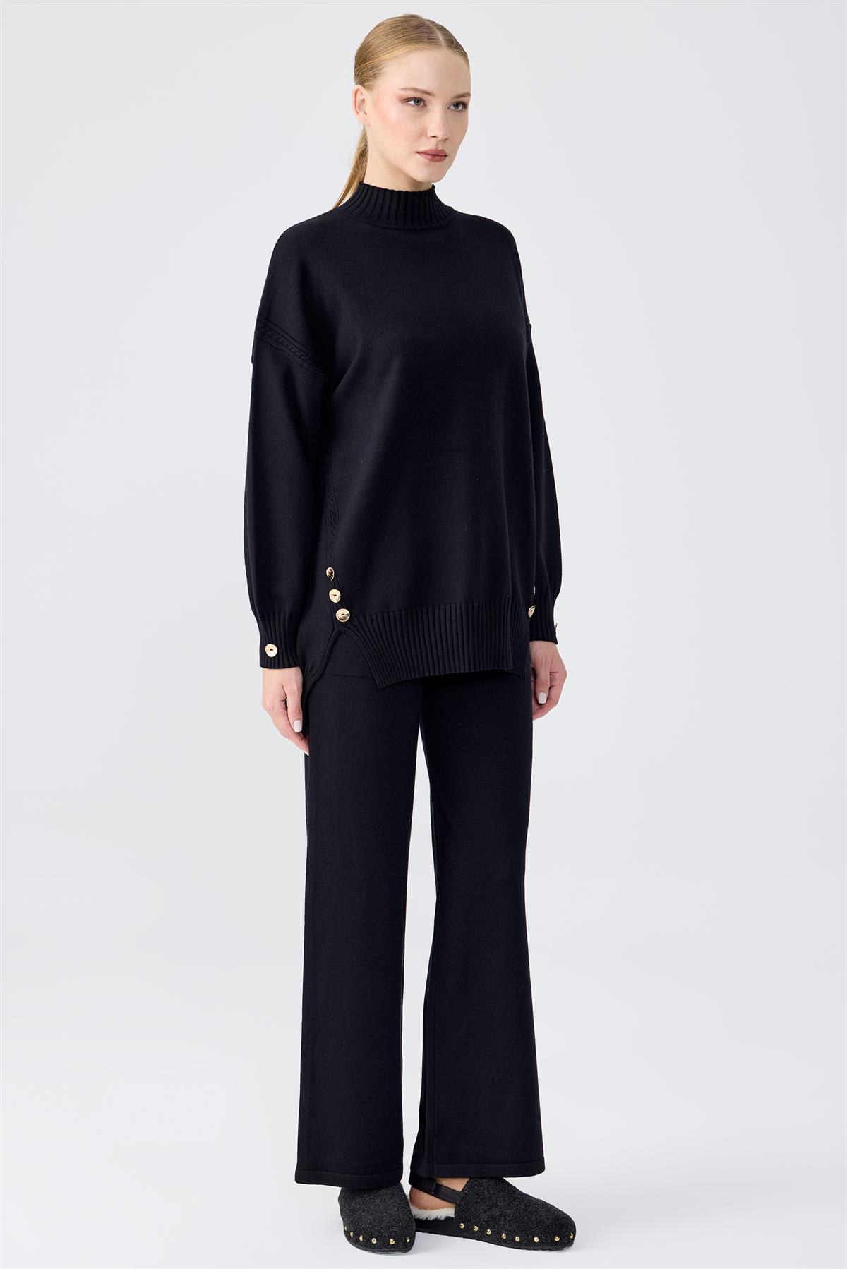 Yanları Düğmeli Tunik Pantolon Takım SİYAH