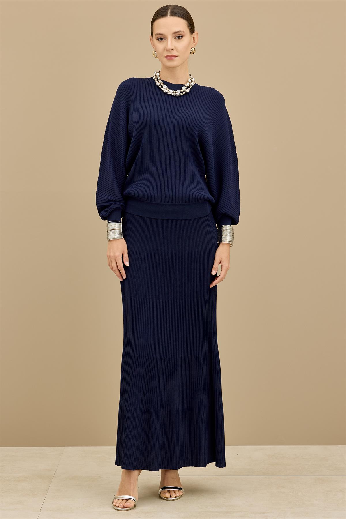 Yarasa Kollu Etekli Rayon Takım LACİVERT