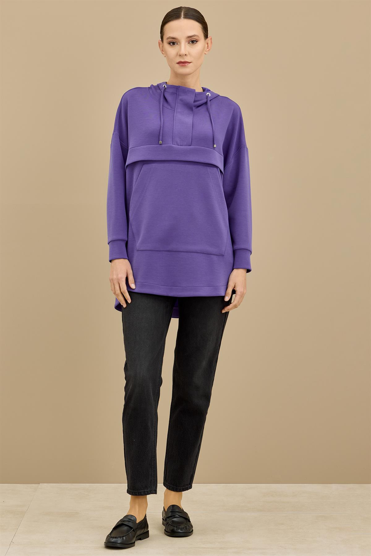 Yarım Fermuarlı Kapüşonlu Robası Allerli Tunik MOR