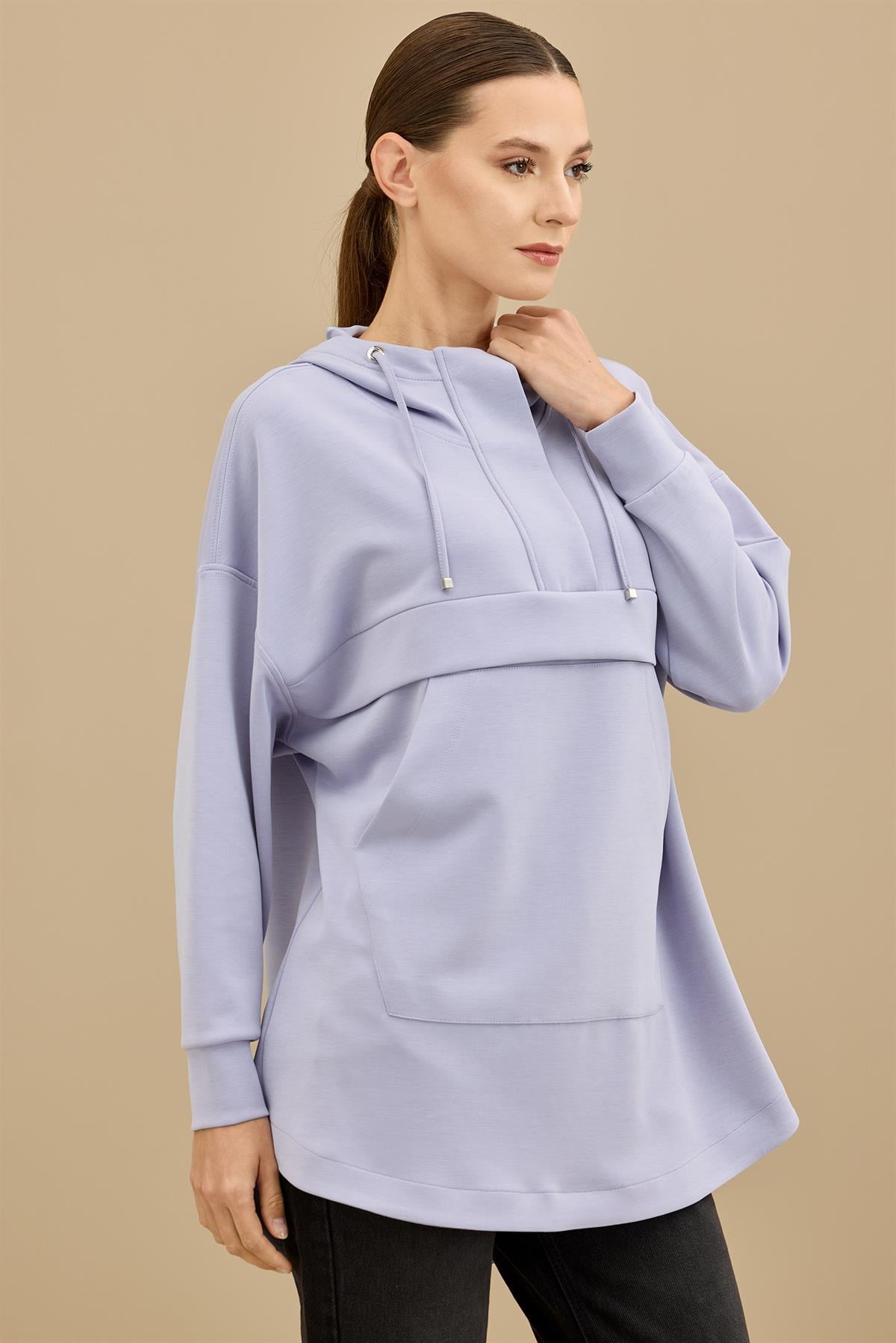 Yarım Fermuarlı Kapüşonlu Robası Allerli Tunik MAVİ