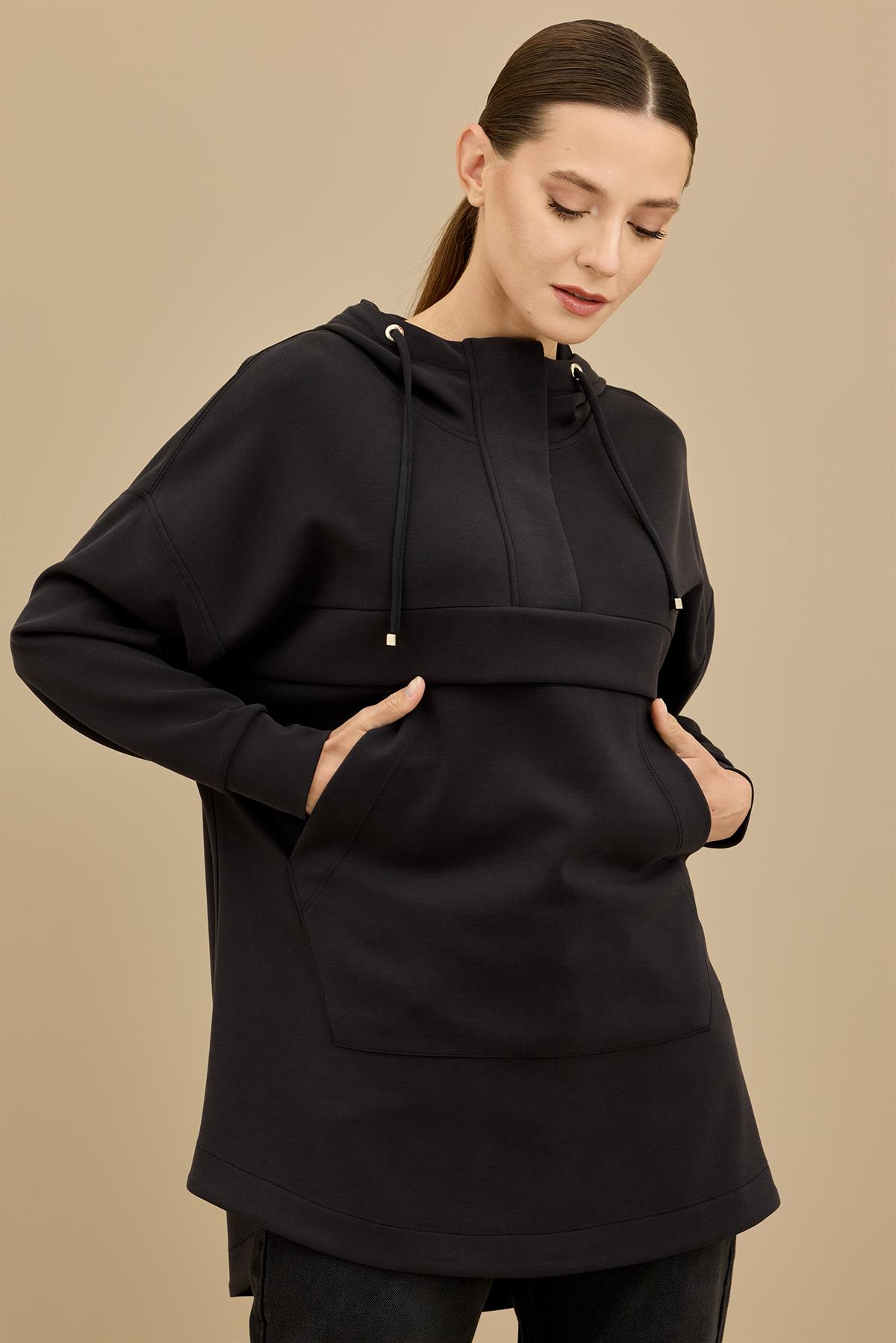Yarım Fermuarlı Kapüşonlu Robası Allerli Tunik SİYAH