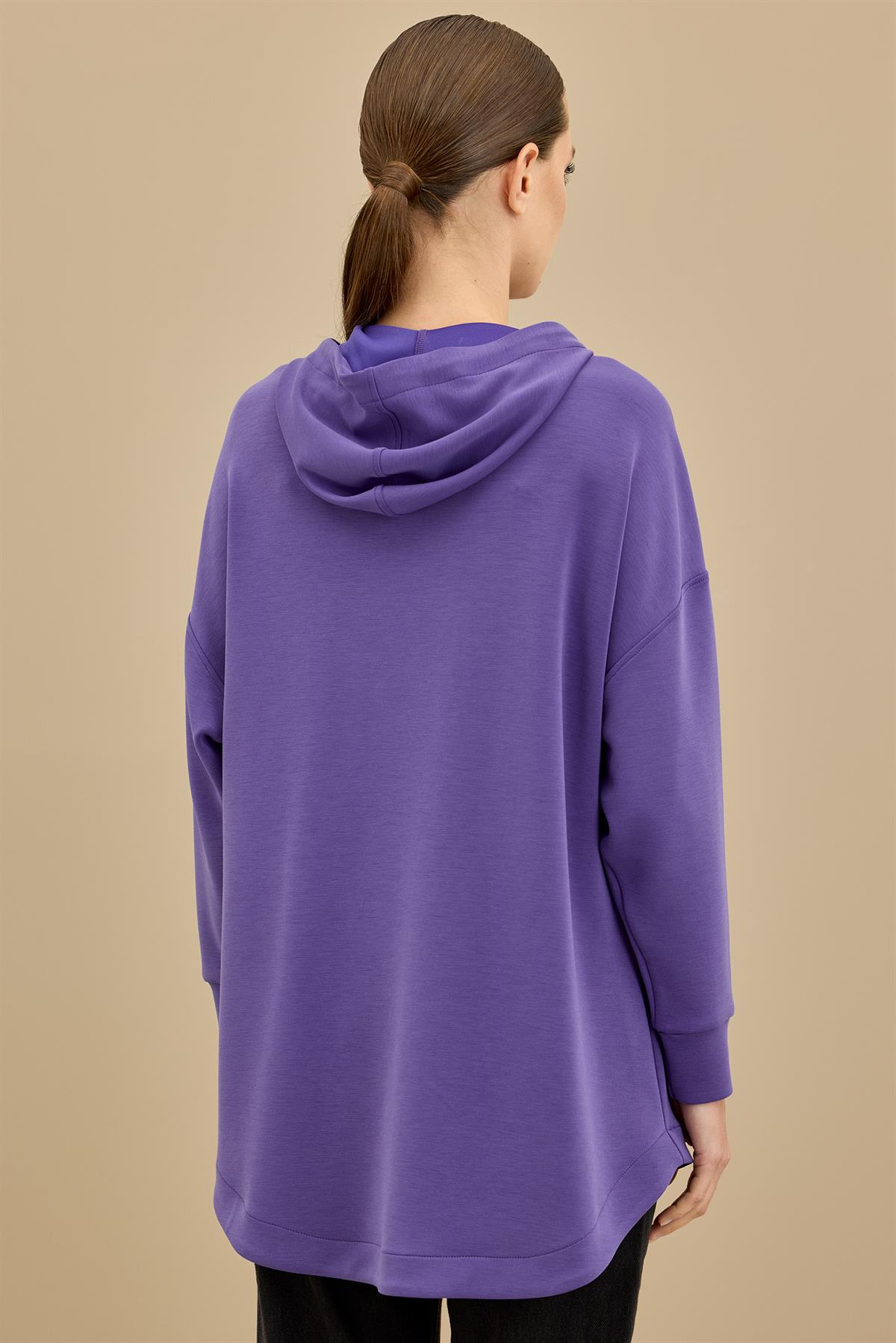 Yarım Fermuarlı Kapüşonlu Robası Allerli Tunik MOR