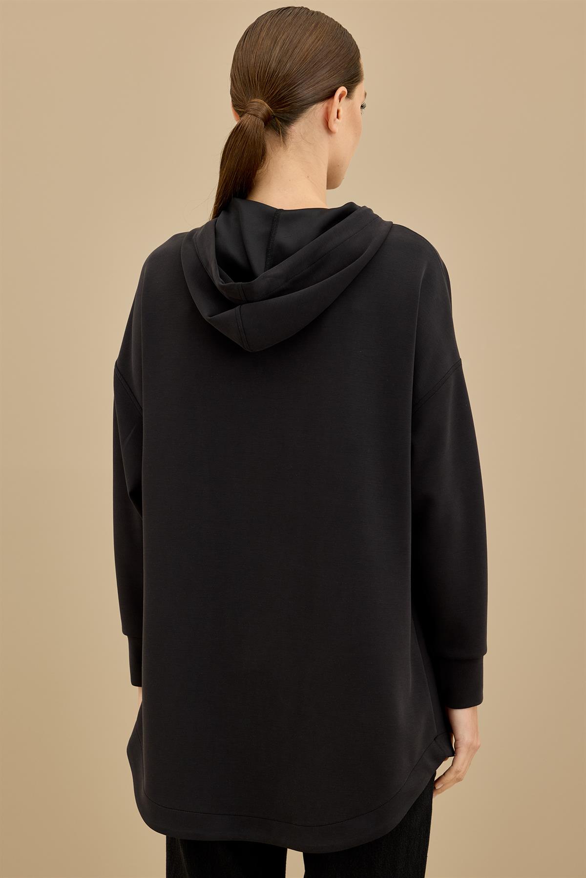 Yarım Fermuarlı Kapüşonlu Robası Allerli Tunik SİYAH