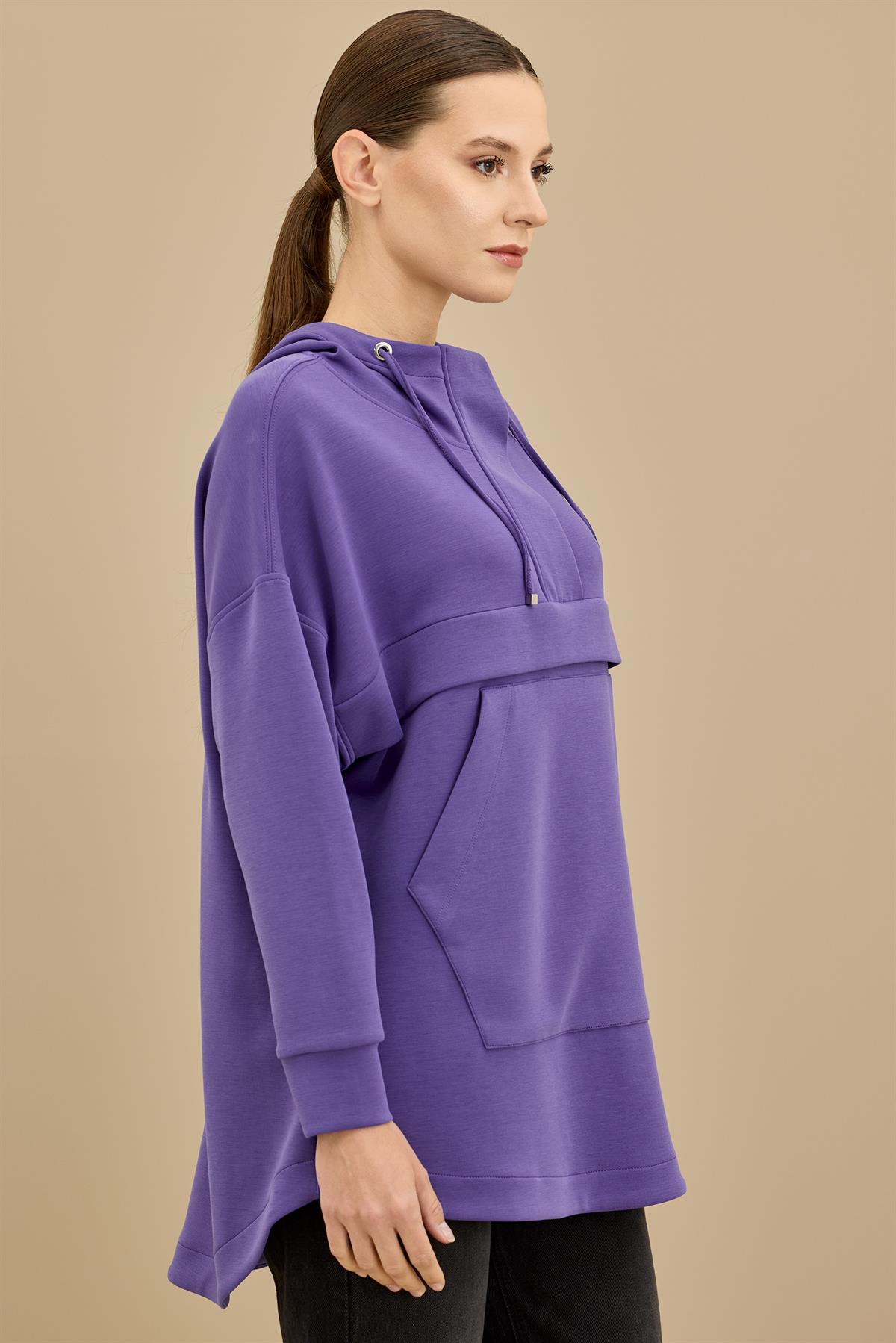 Yarım Fermuarlı Kapüşonlu Robası Allerli Tunik MOR