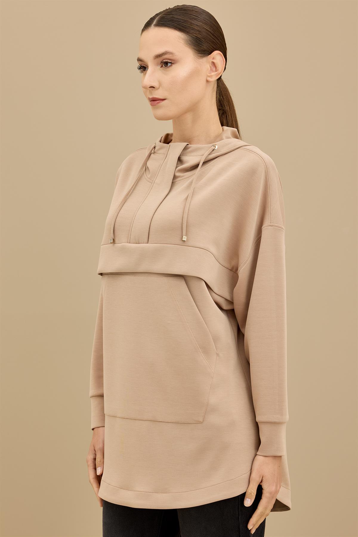 Yarım Fermuarlı Kapüşonlu Robası Allerli Tunik CAMEL