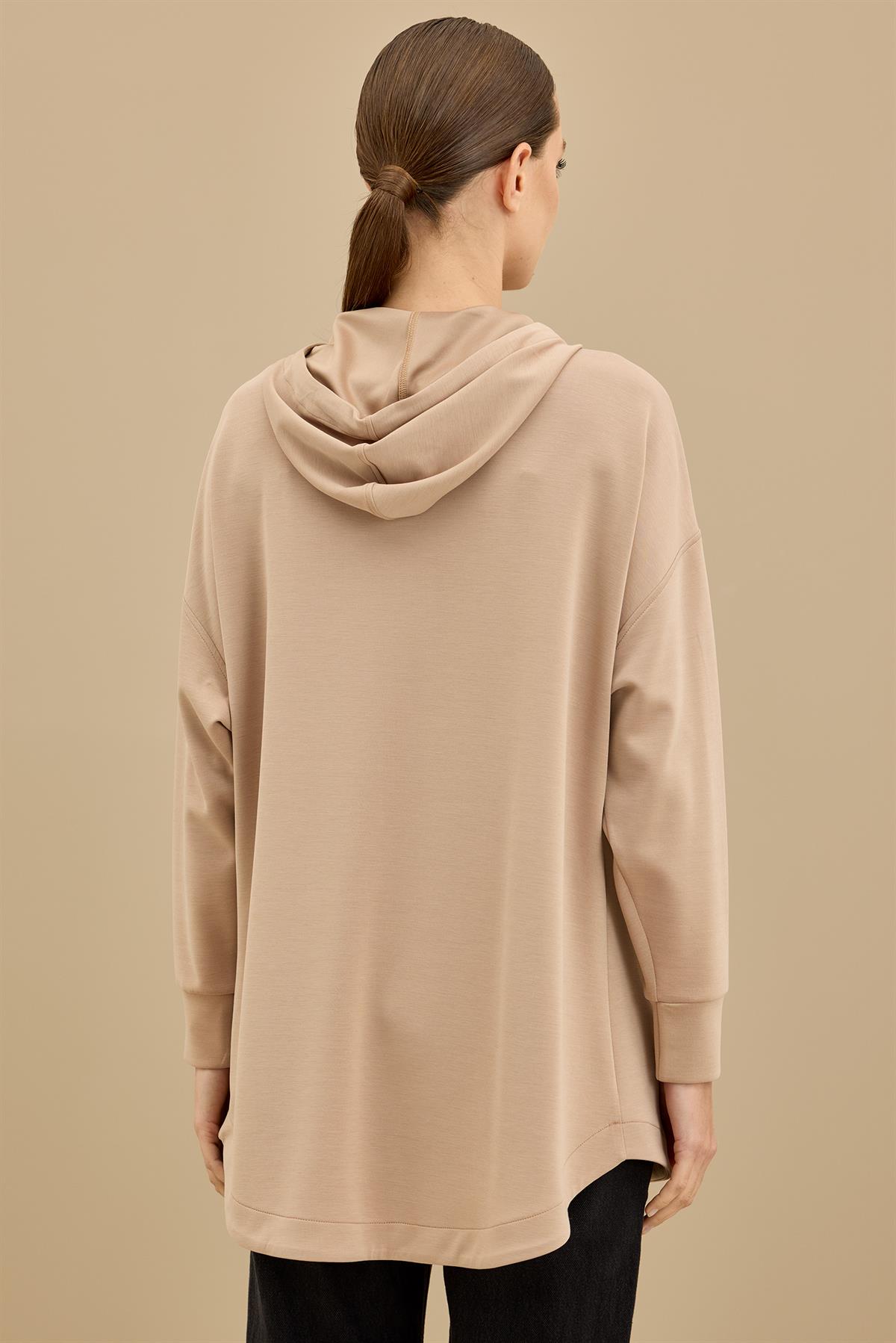 Yarım Fermuarlı Kapüşonlu Robası Allerli Tunik CAMEL